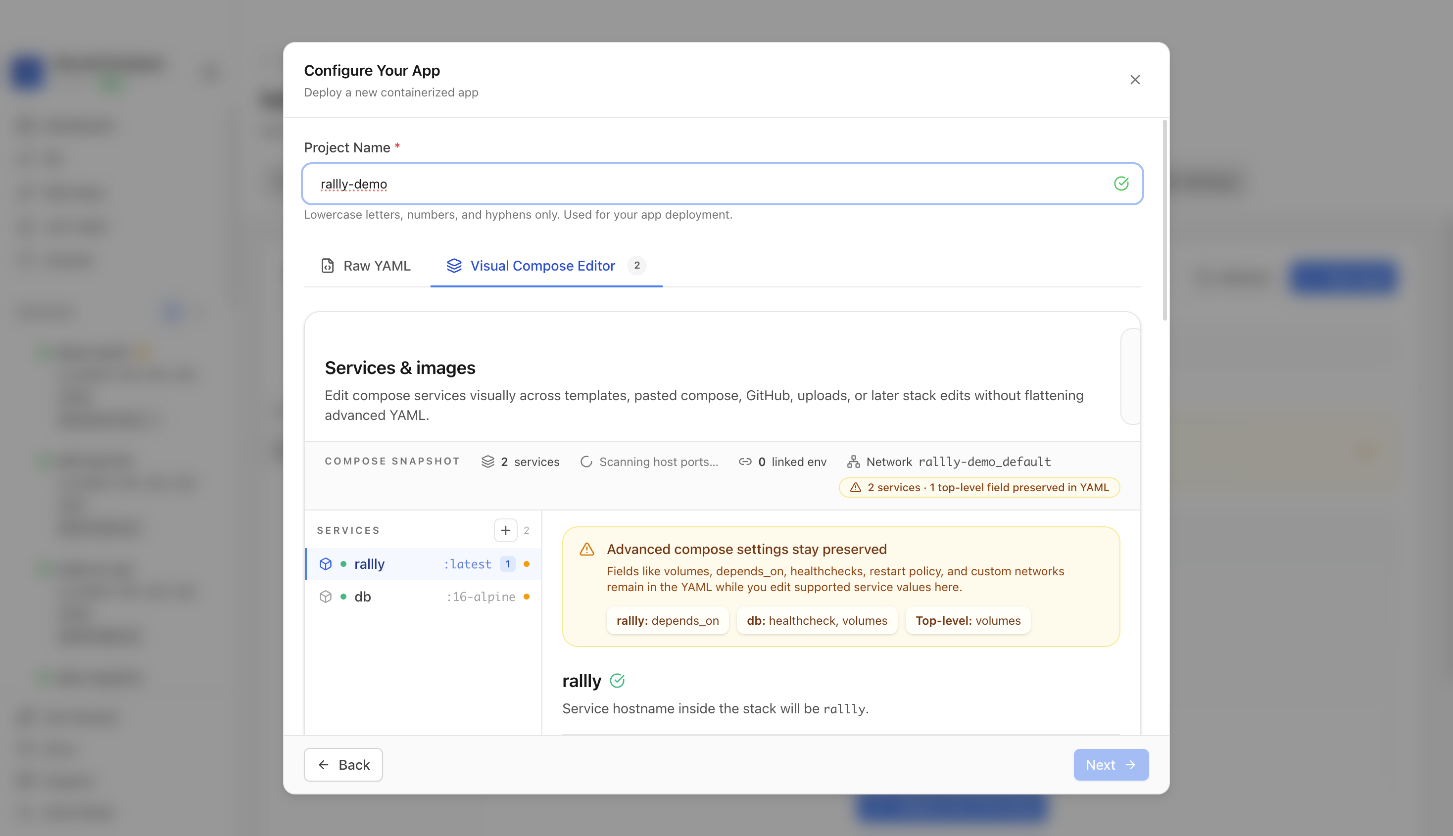Reviewing Rallly project settings and compose services