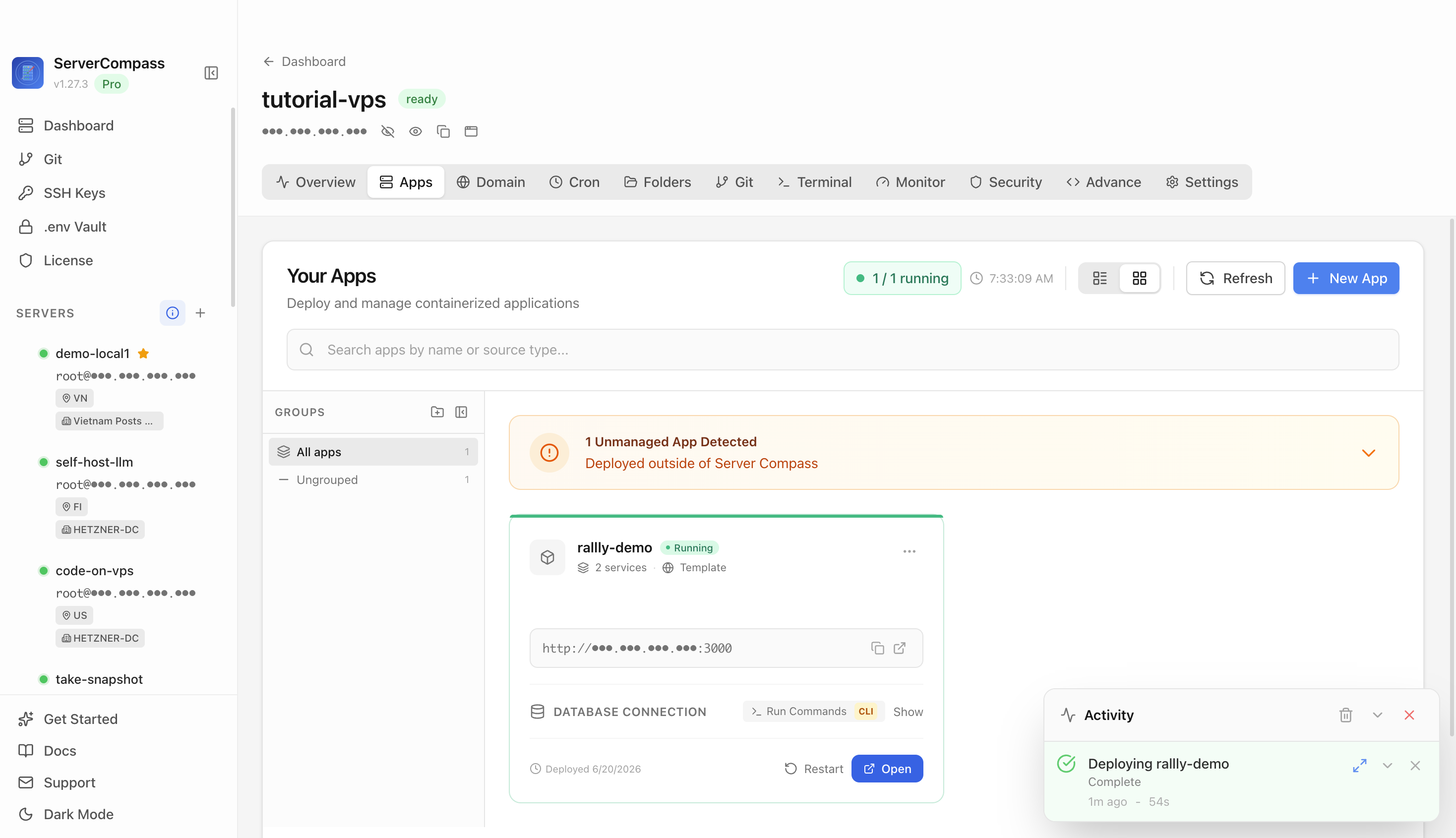 Rallly template running in the Server Compass Apps tab