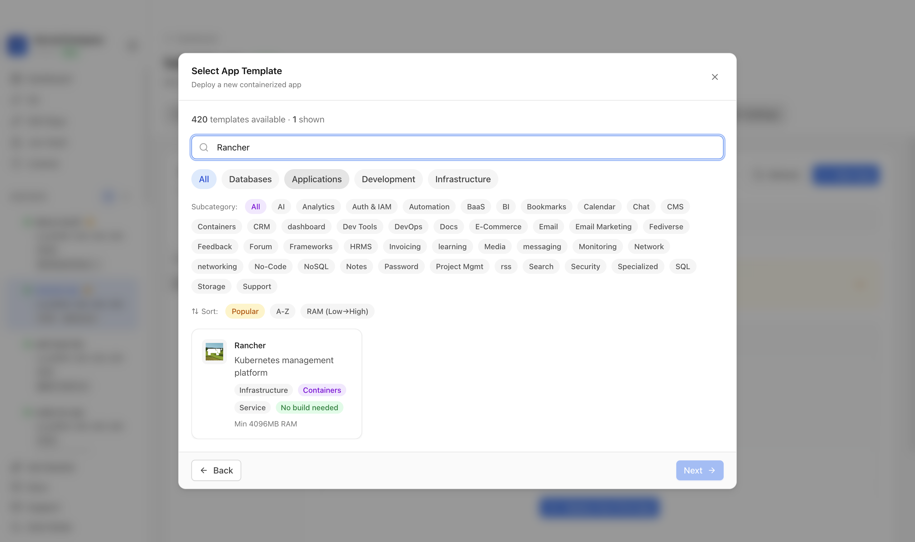 Searching for Rancher in the Server Compass template picker