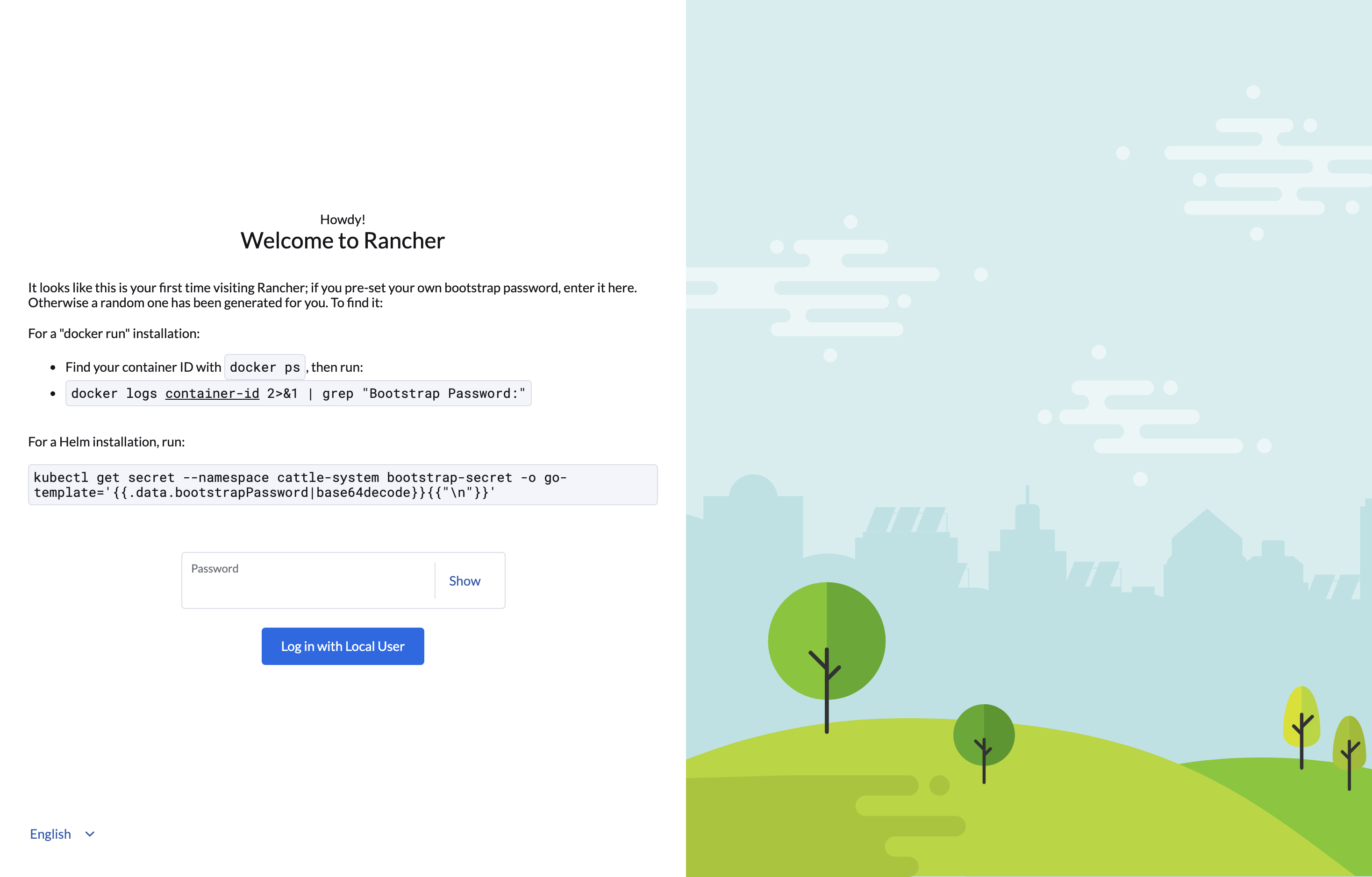 The deployed Rancher web UI loaded in a browser