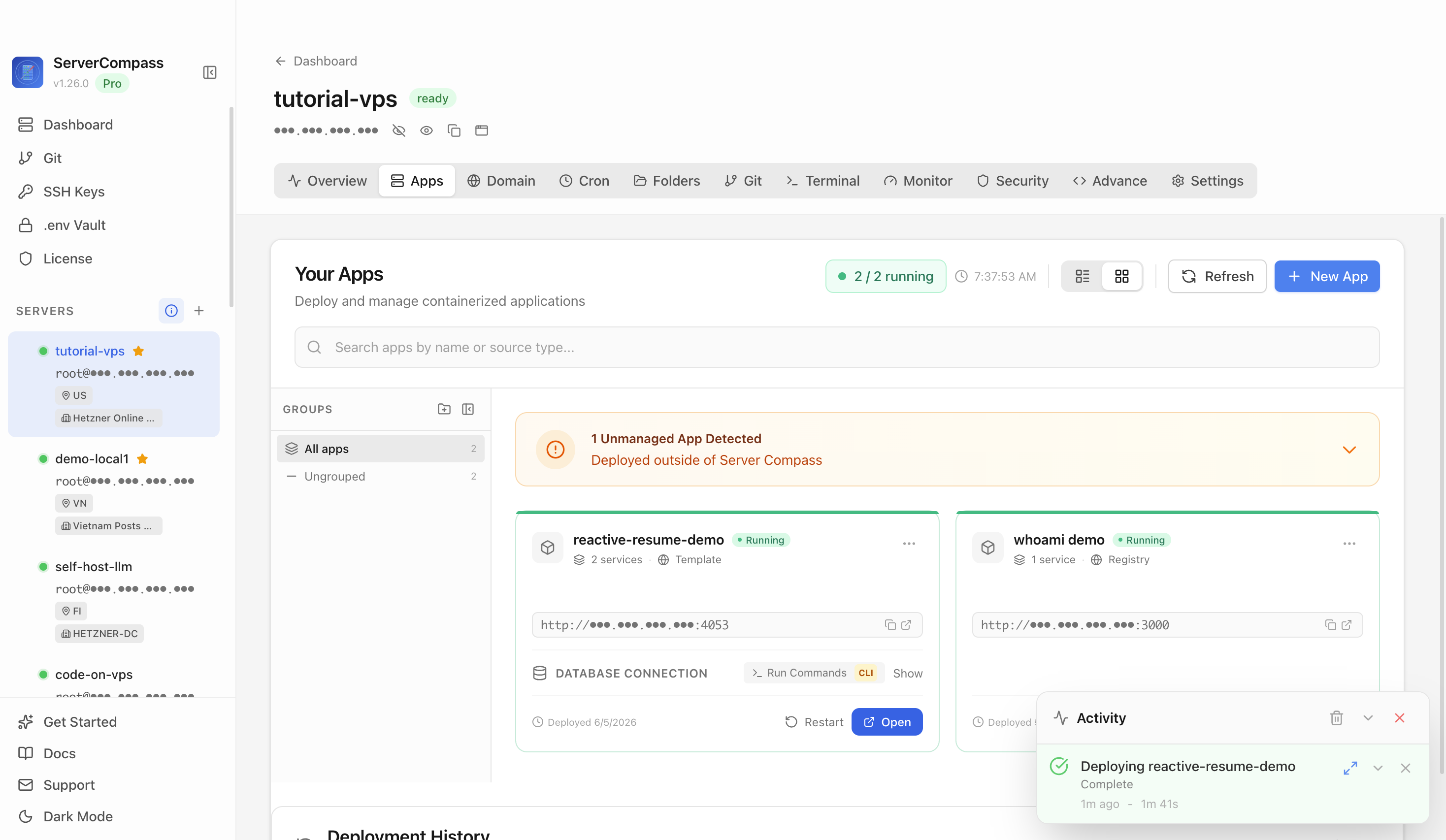 Reactive Resume template running in the Server Compass Apps tab