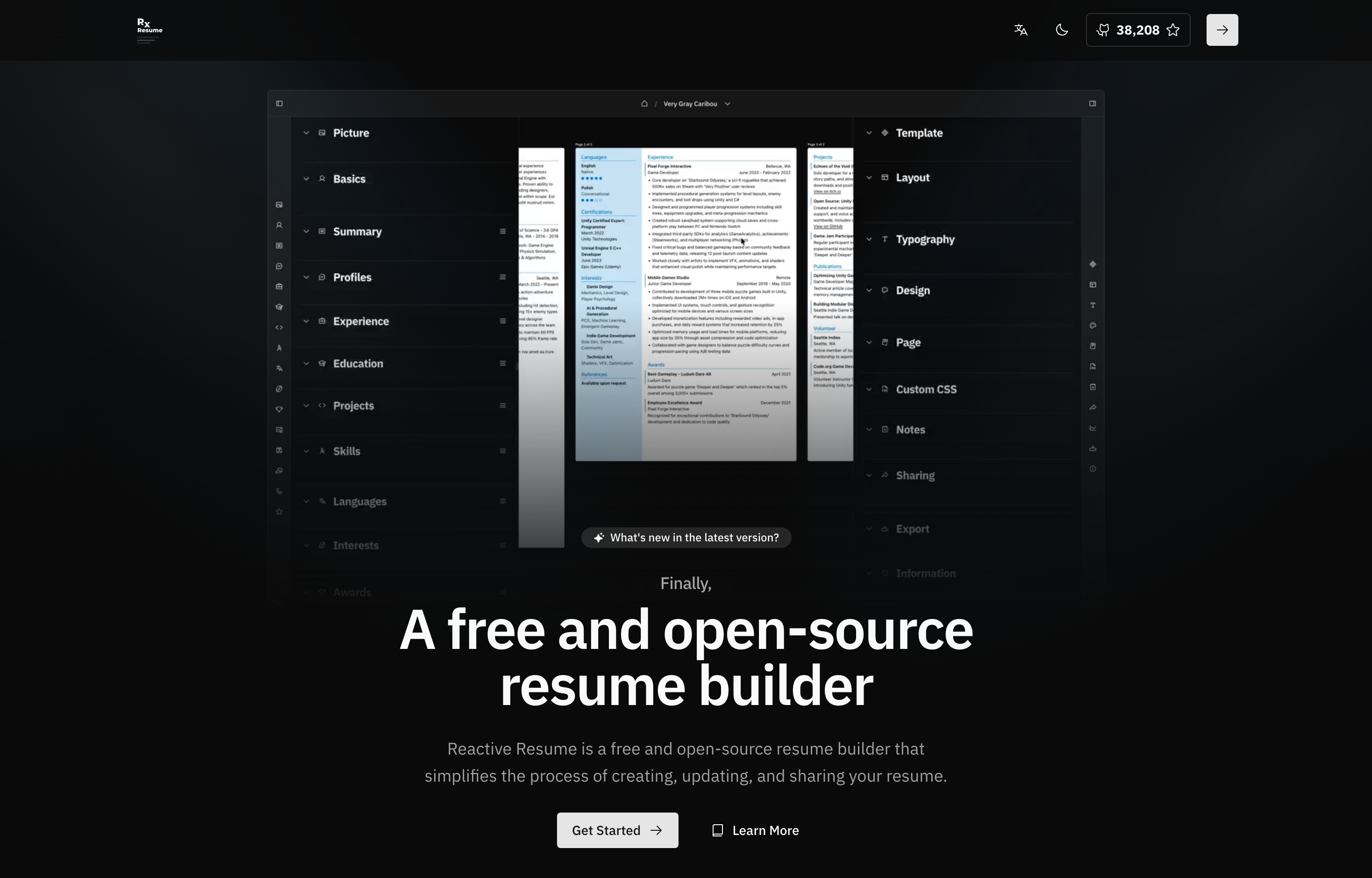 The deployed Reactive Resume web UI loaded in a browser