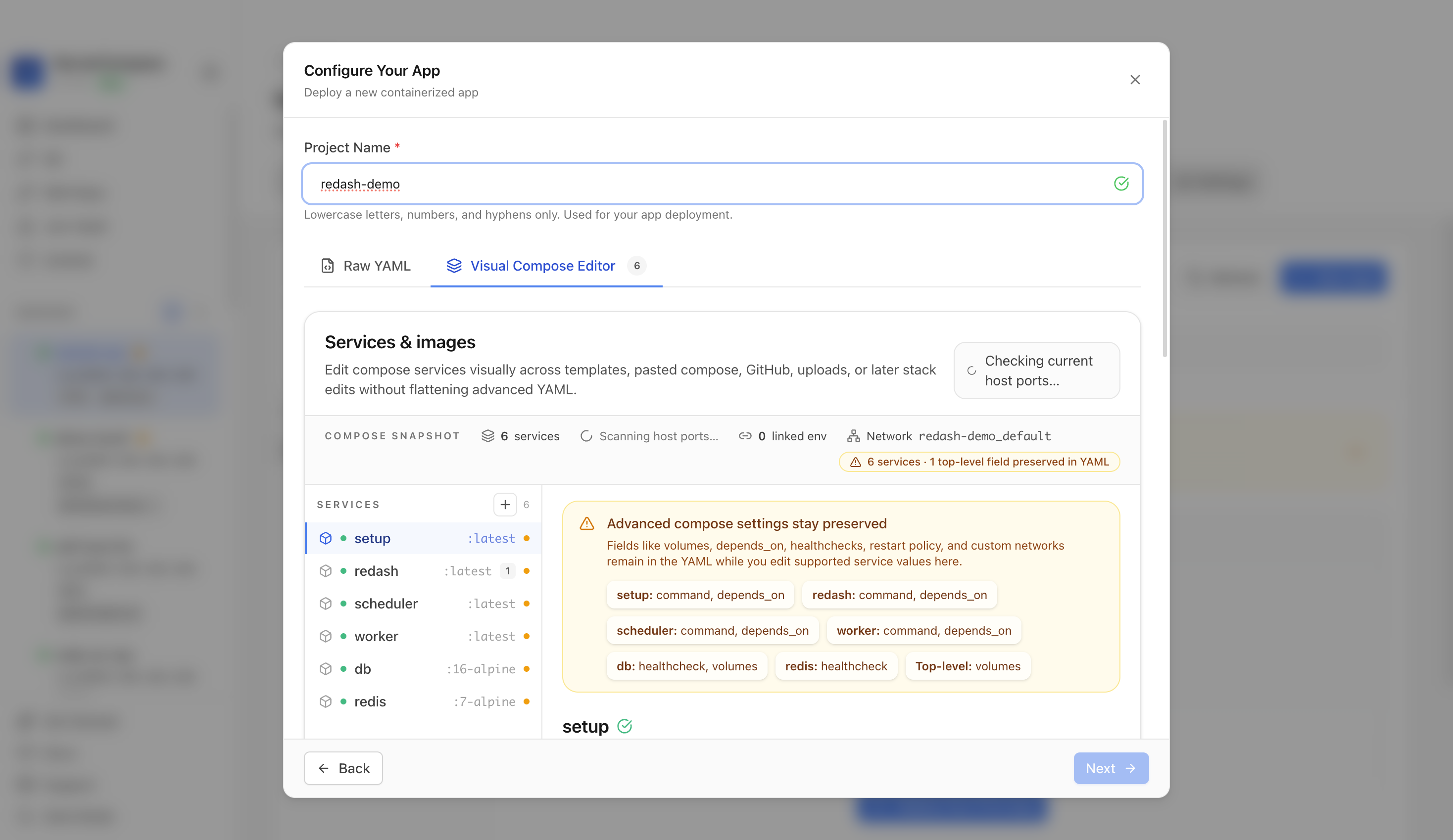 Reviewing Redash project settings and compose services