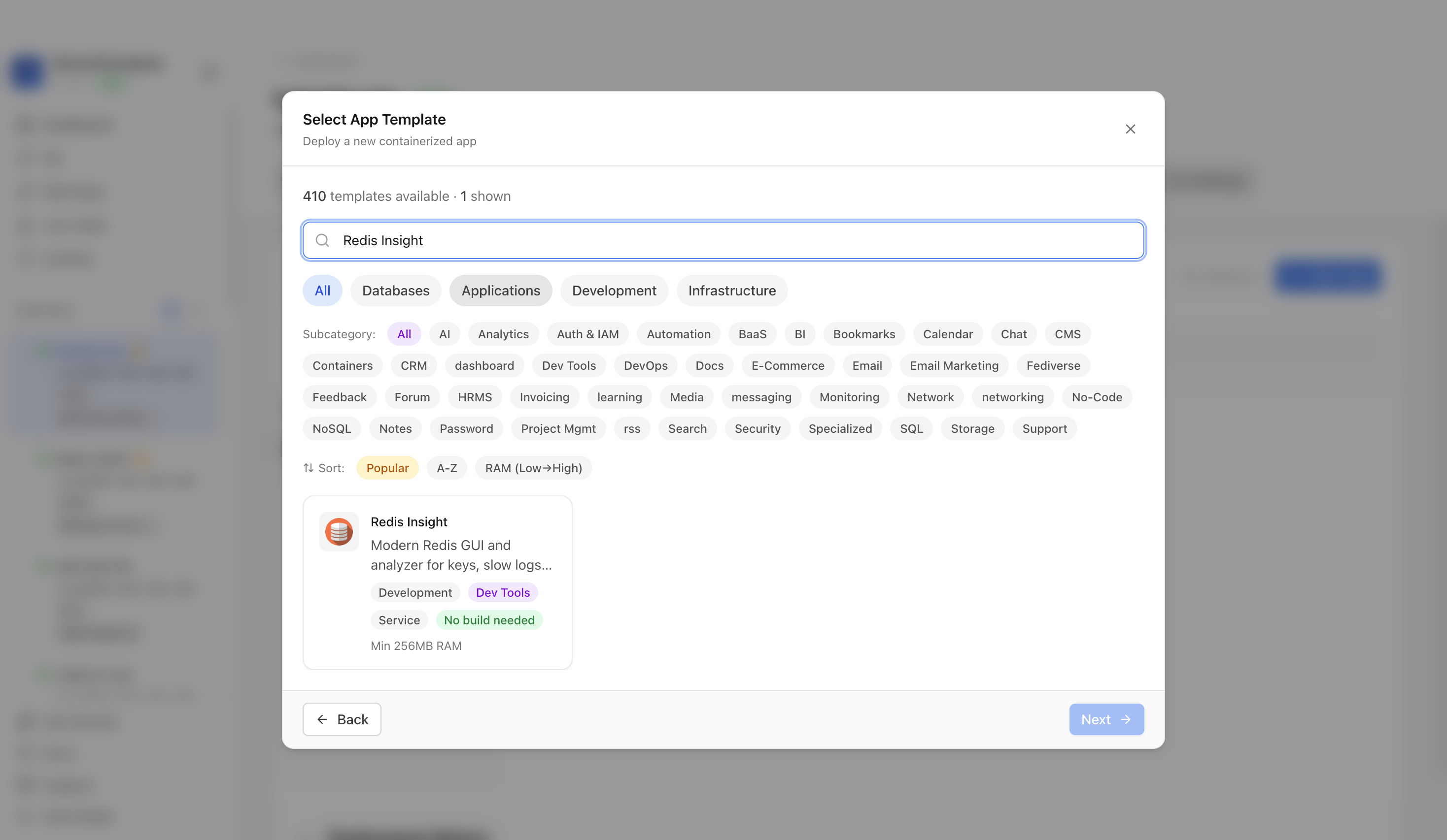 Searching for Redis Insight in the Server Compass template picker