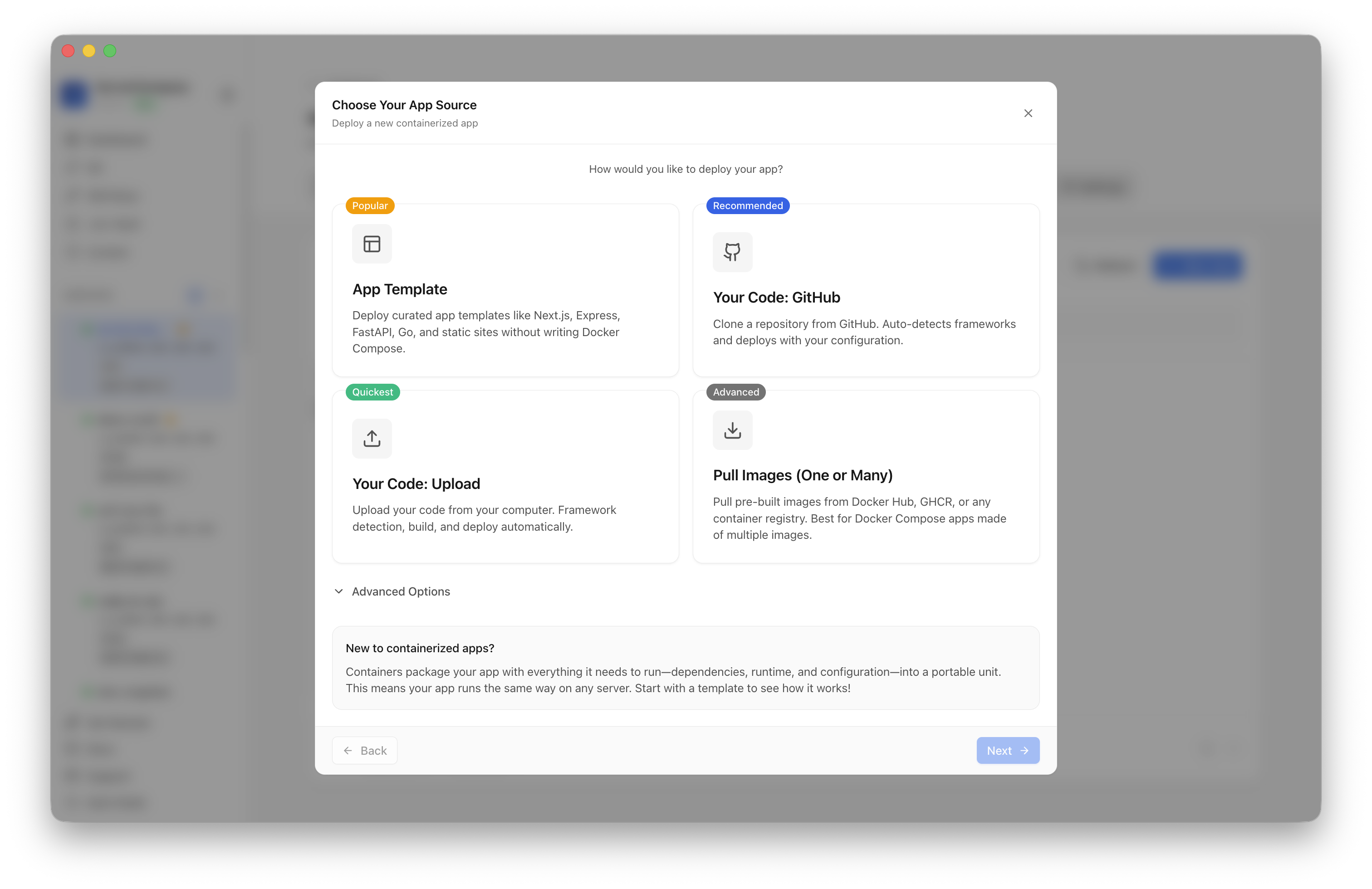 Choosing to deploy an app from a Server Compass template