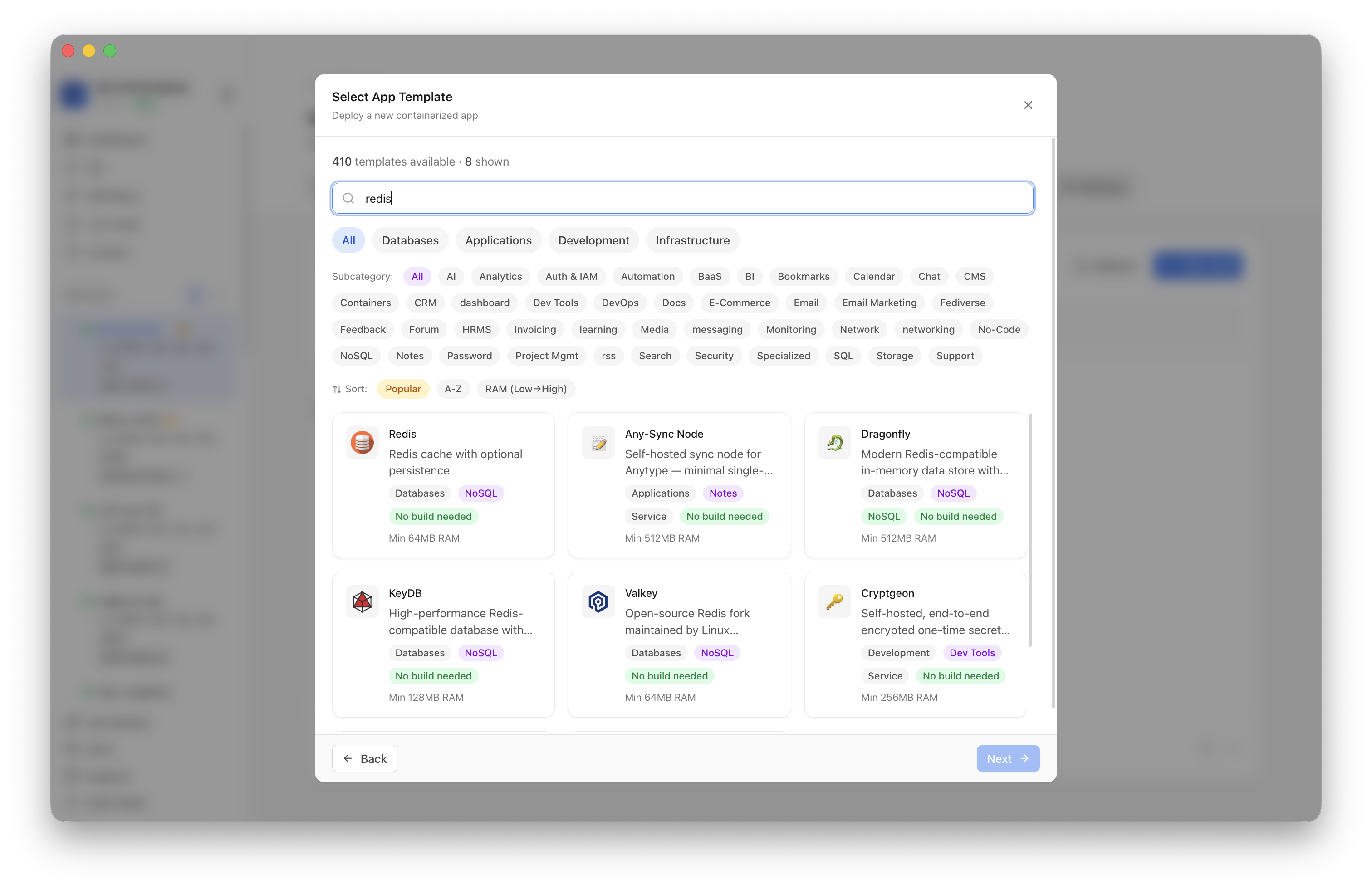 Searching for Redis in the Server Compass template picker