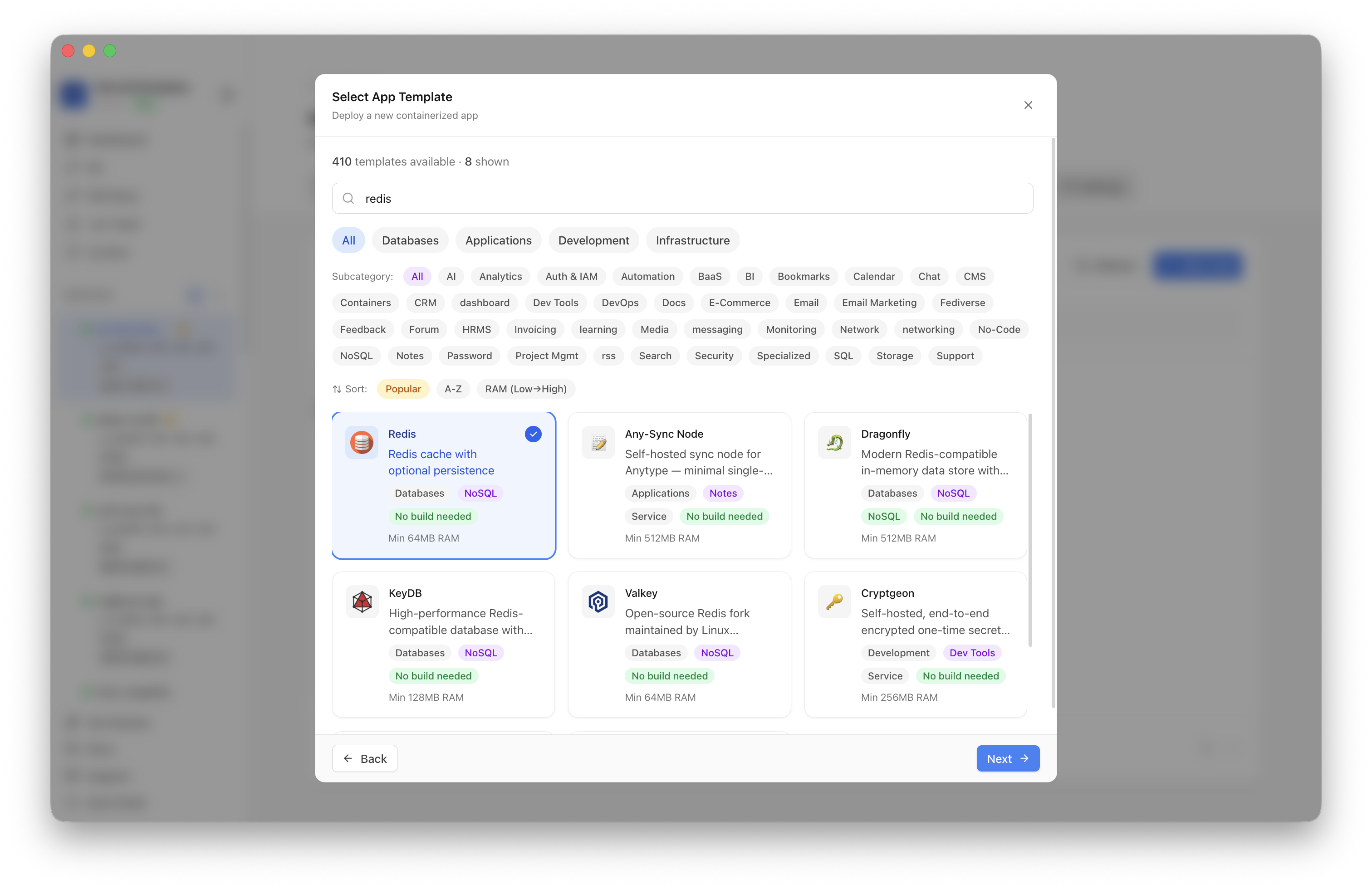 Redis template selected in Server Compass