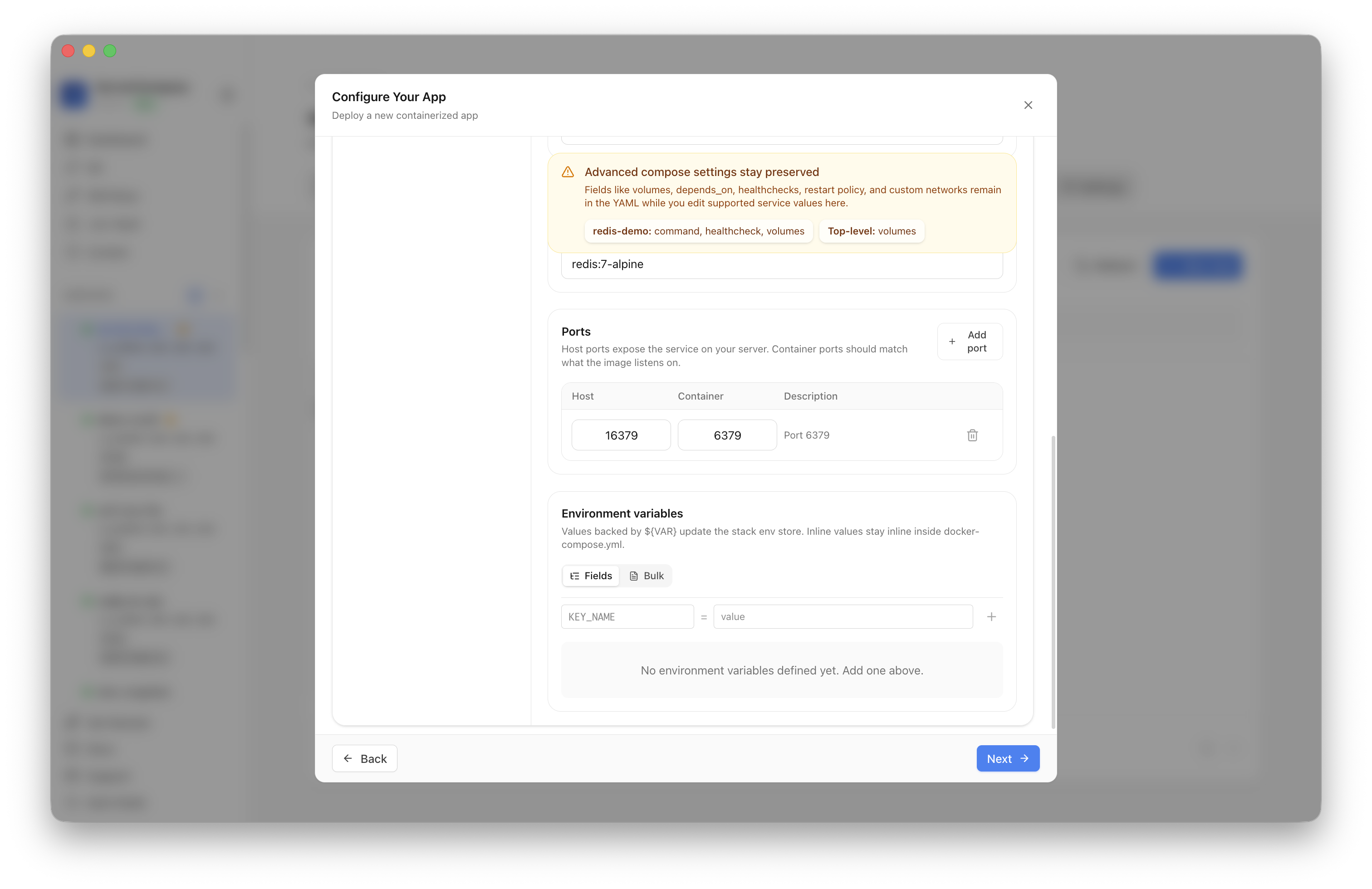 Reviewing Redis deployment settings and host port mapping