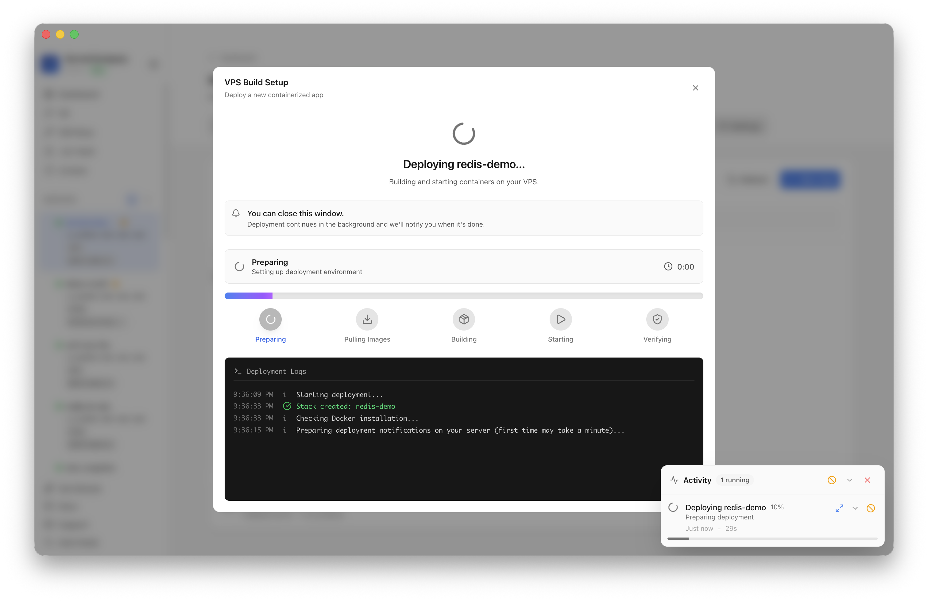 Server Compass deploying the Redis template on the VPS