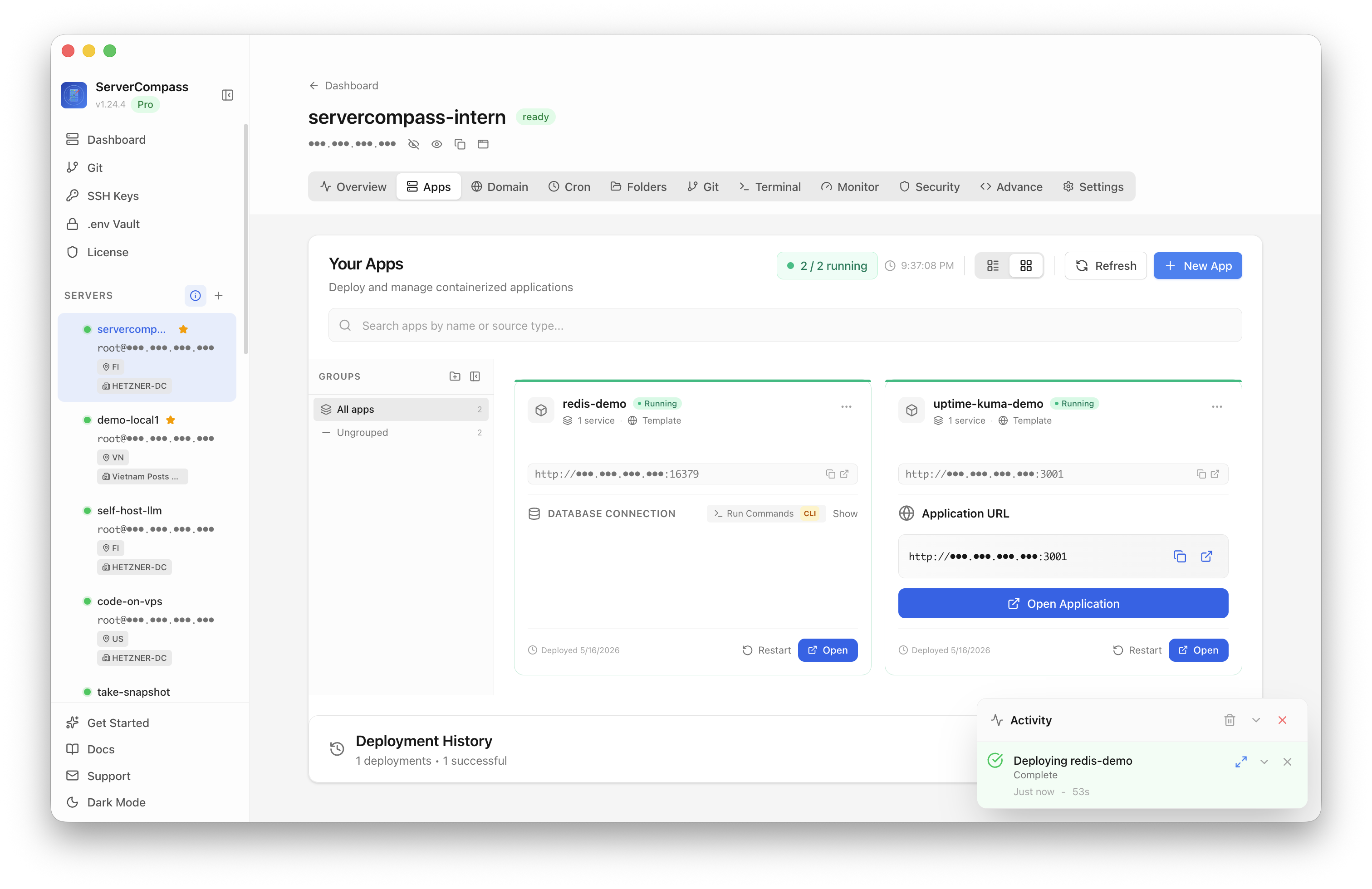 Redis template running in the Server Compass Apps tab