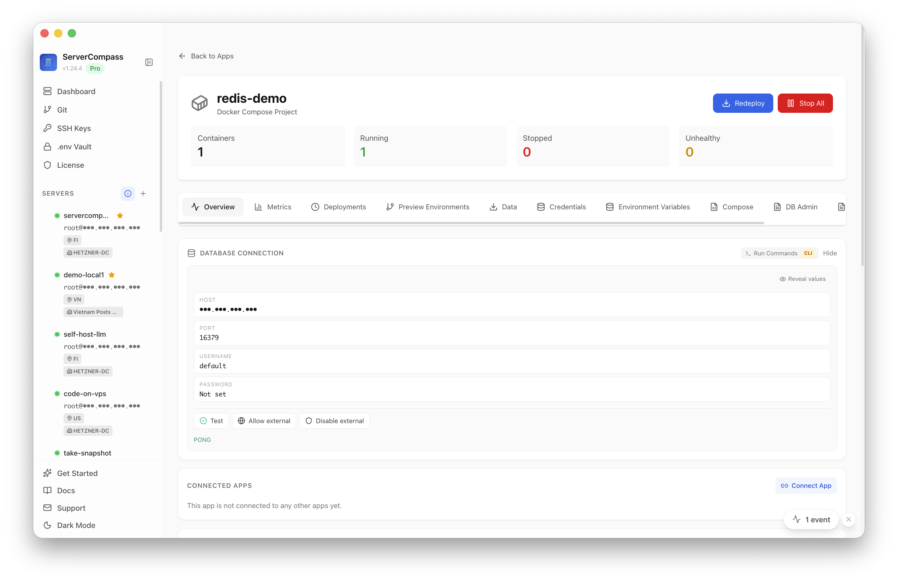 Redis connection test returning PONG in Server Compass