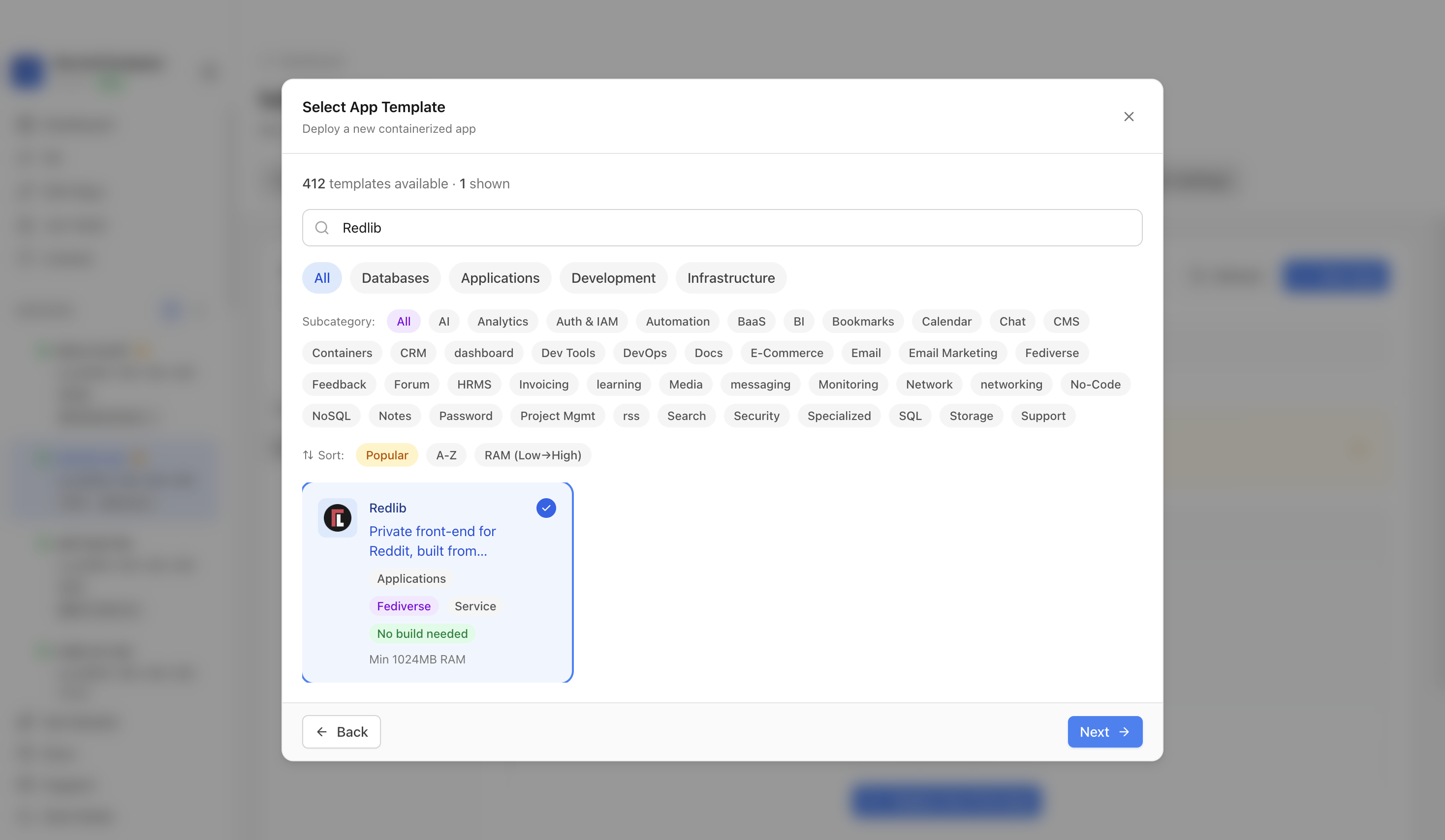 Redlib template selected in Server Compass