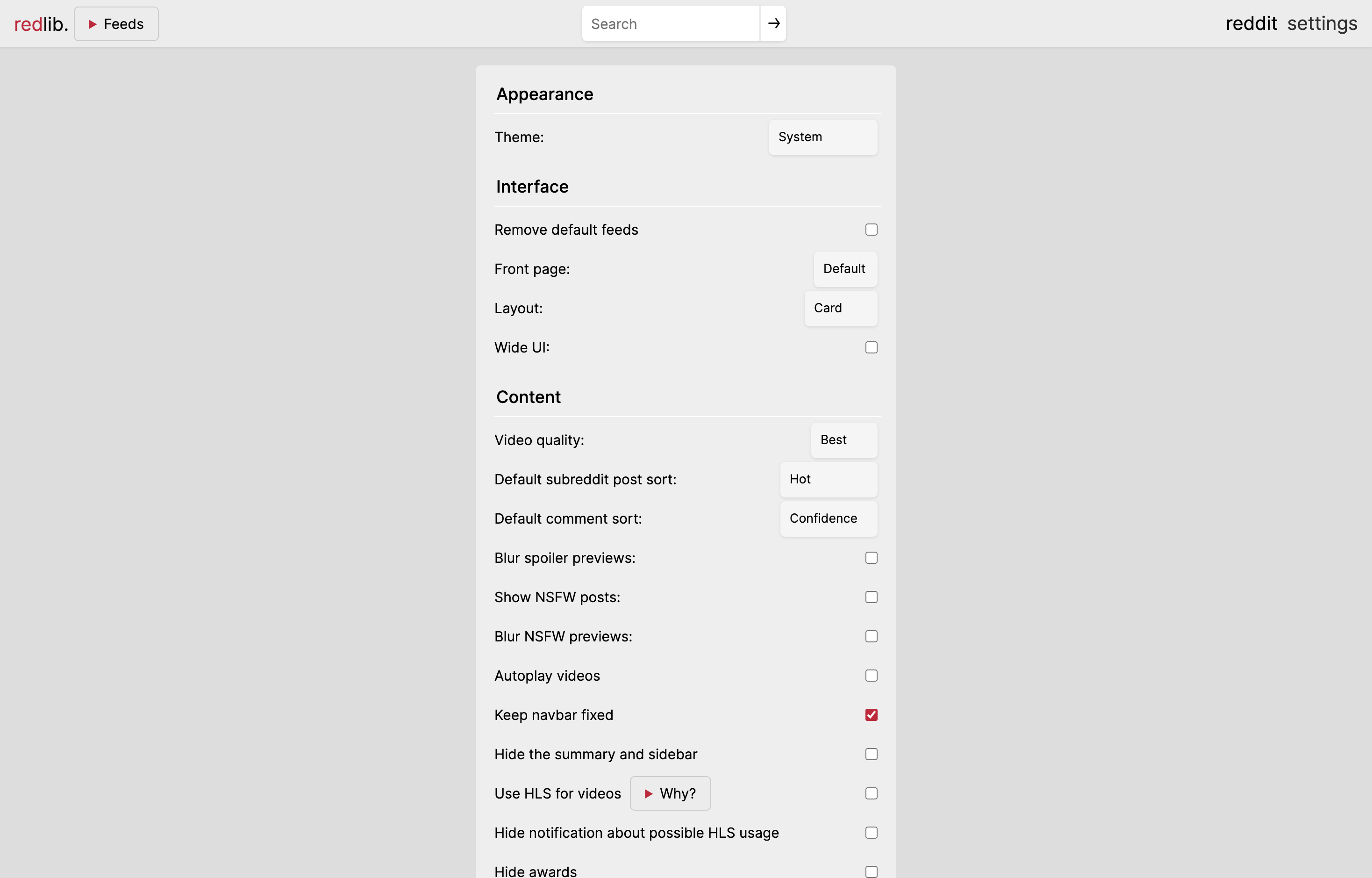 The deployed Redlib web UI loaded in a browser