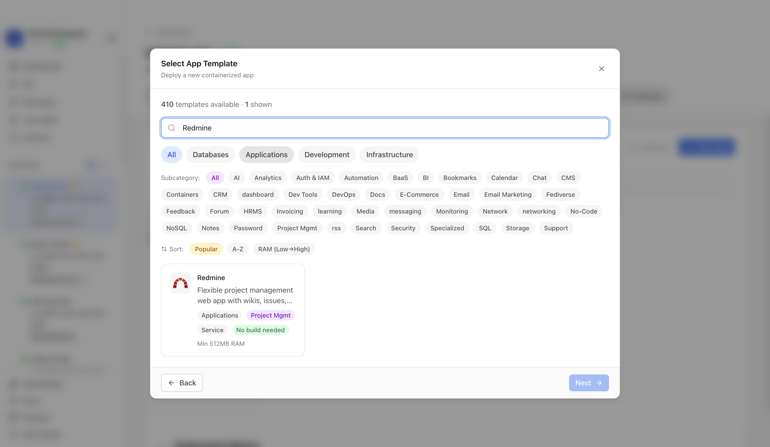 Searching for Redmine in the Server Compass template picker