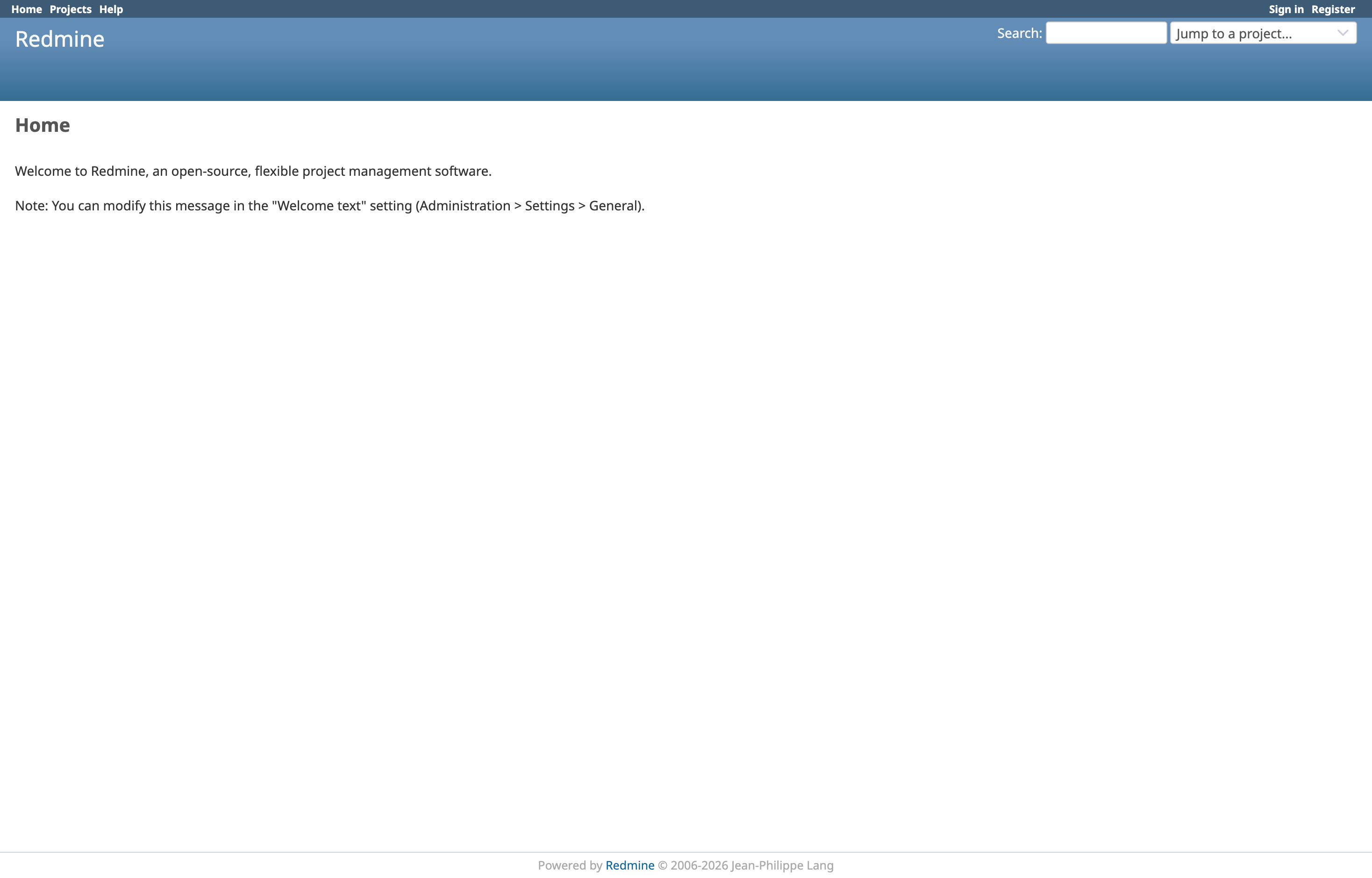 The deployed Redmine web UI loaded in a browser