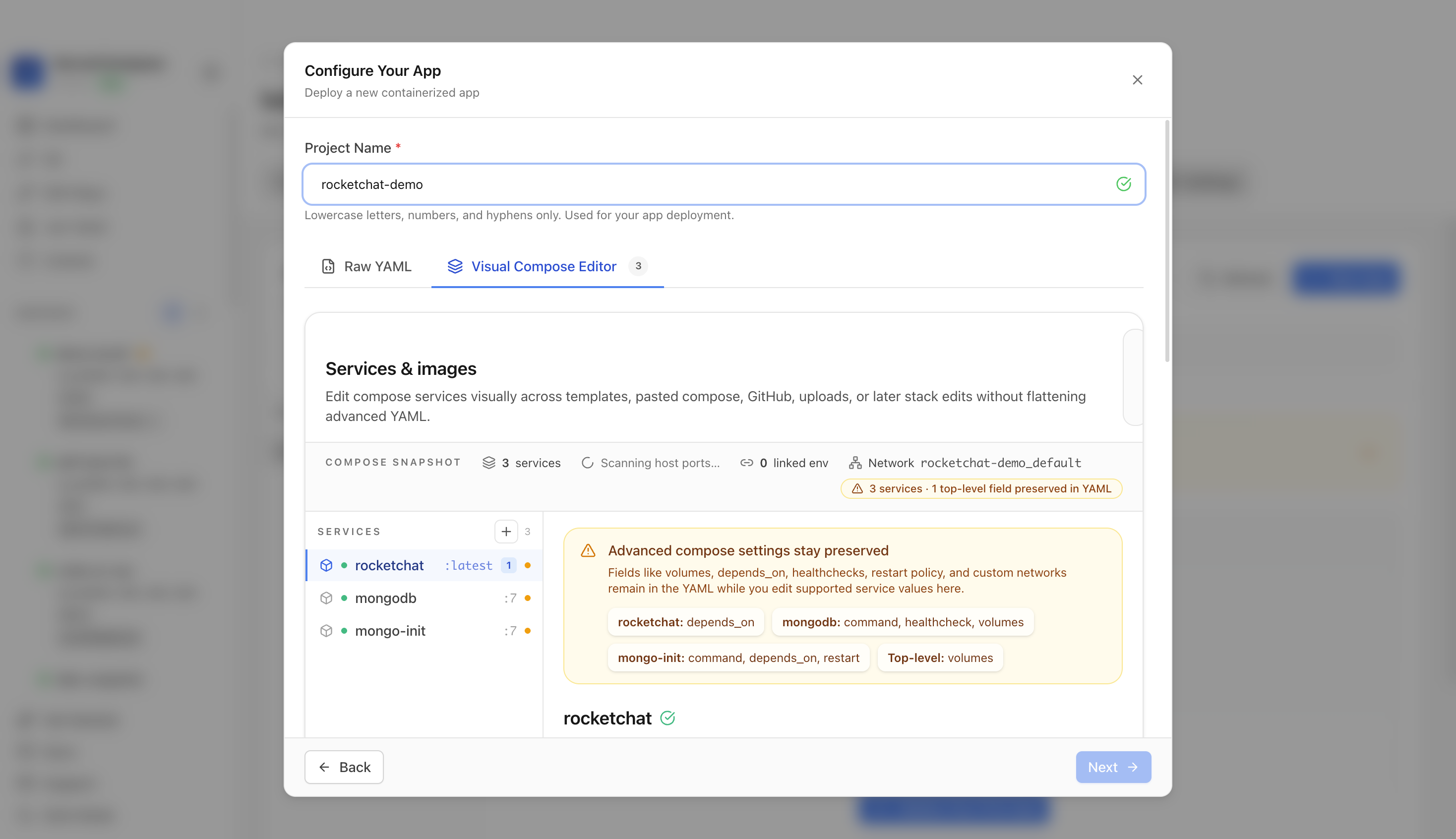 Reviewing Rocket.Chat project settings and compose services