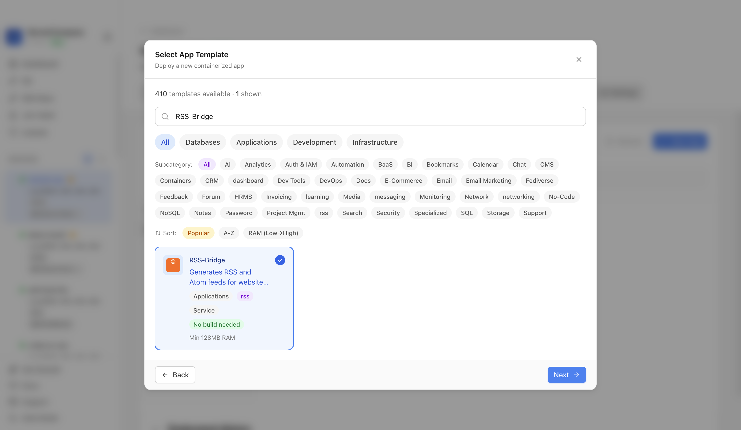 RSS-Bridge template selected in Server Compass