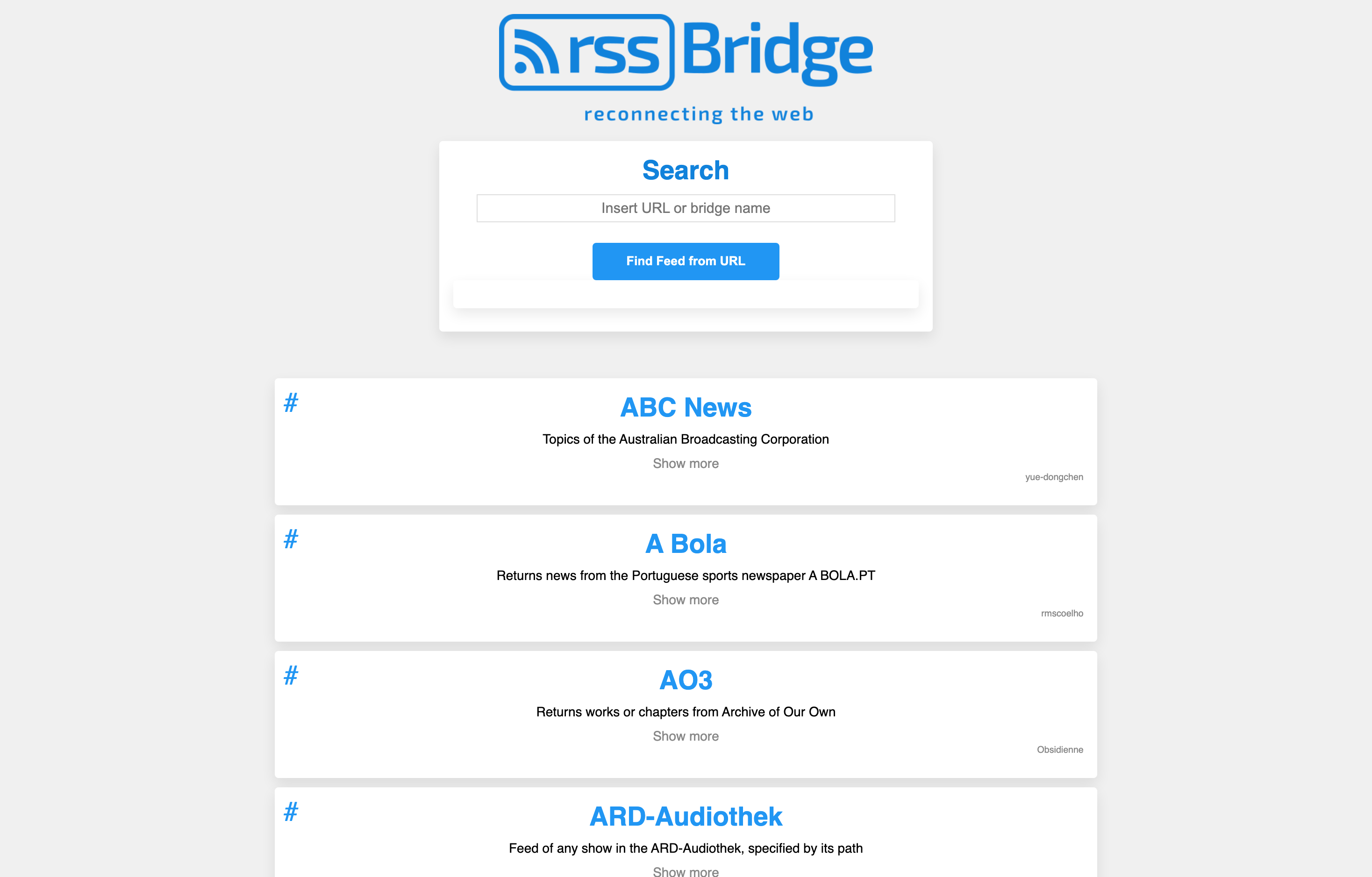 The deployed RSS-Bridge web UI loaded in a browser