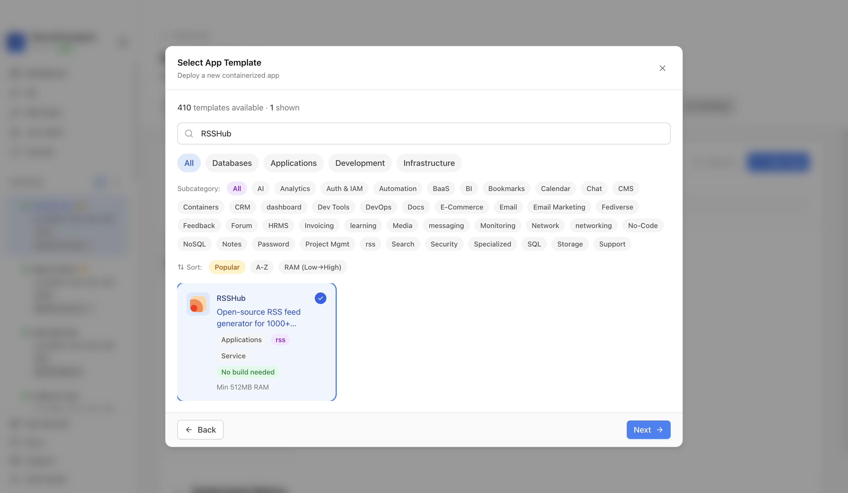 RSSHub template selected in Server Compass