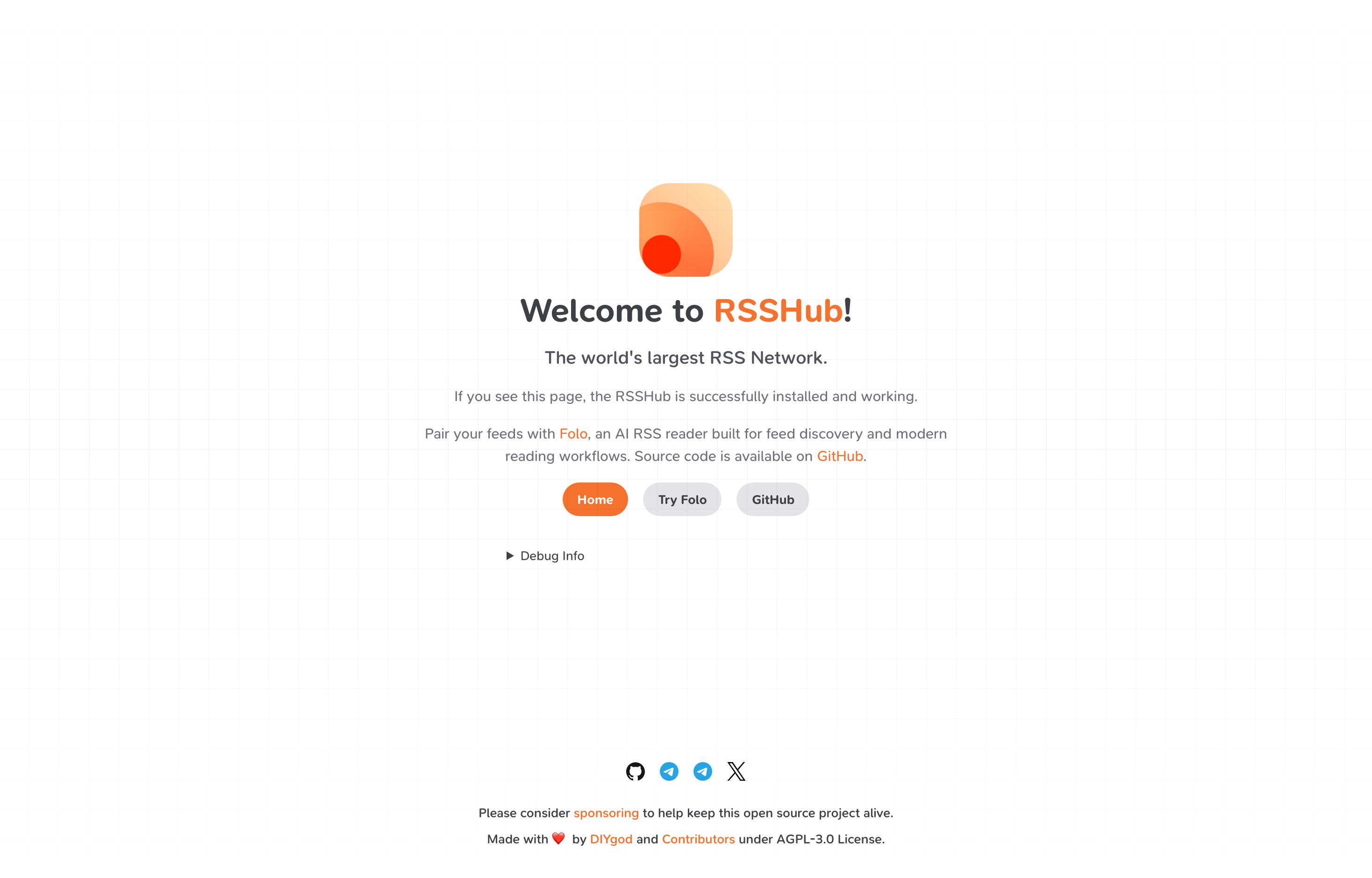 The deployed RSSHub web UI loaded in a browser