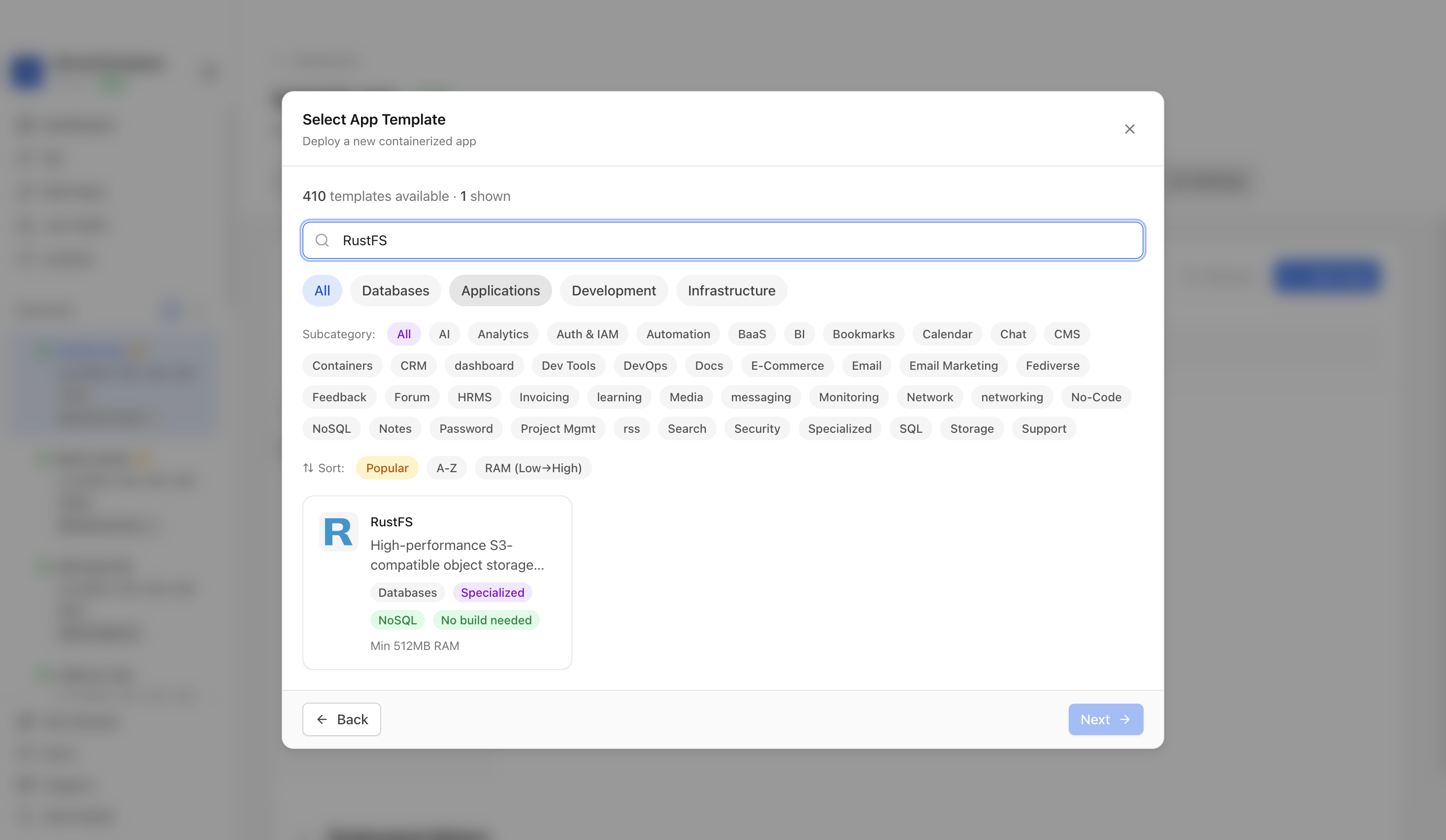 Searching for RustFS in the Server Compass template picker