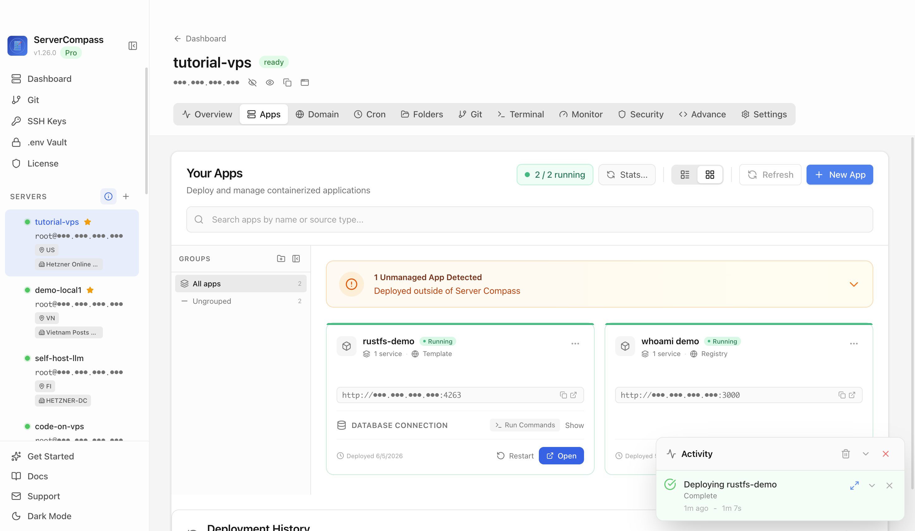 RustFS template running in the Server Compass Apps tab