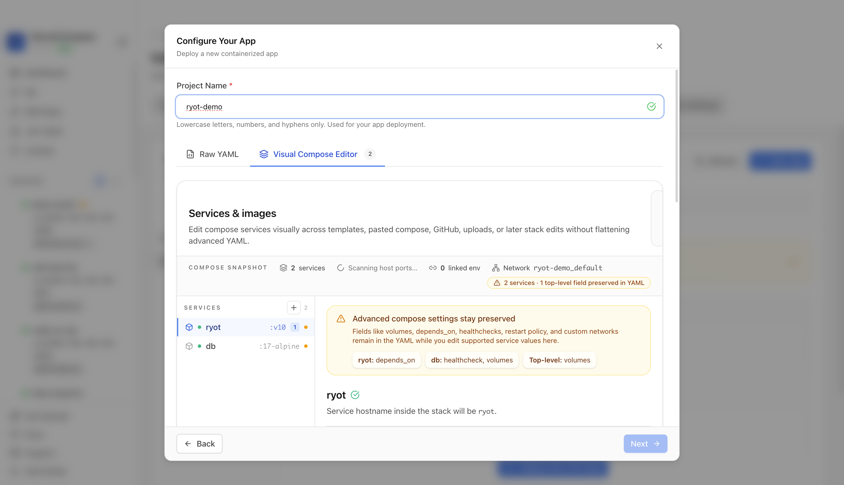 Reviewing Ryot project settings and compose services