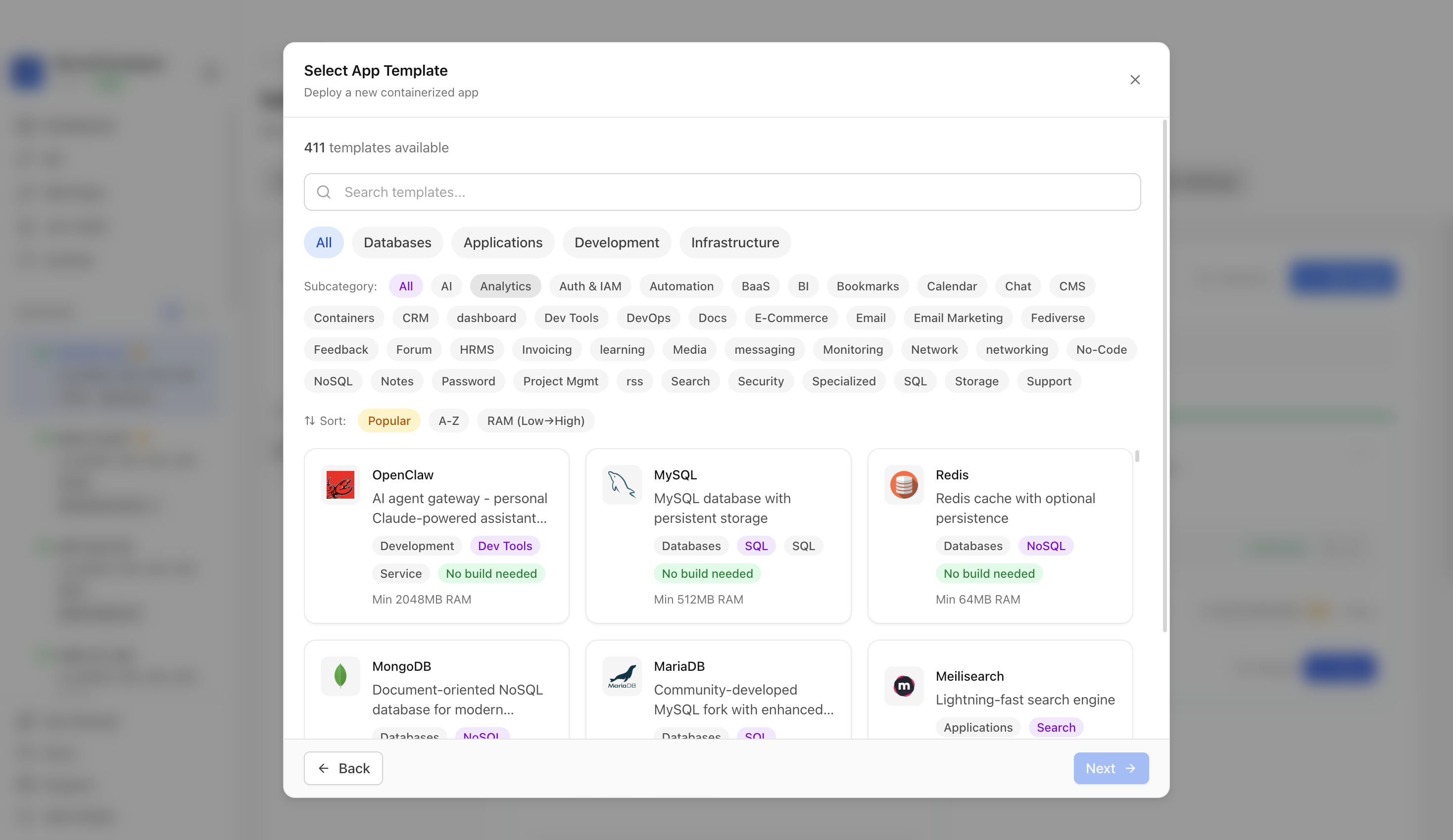 Choosing to deploy an app from a Server Compass template