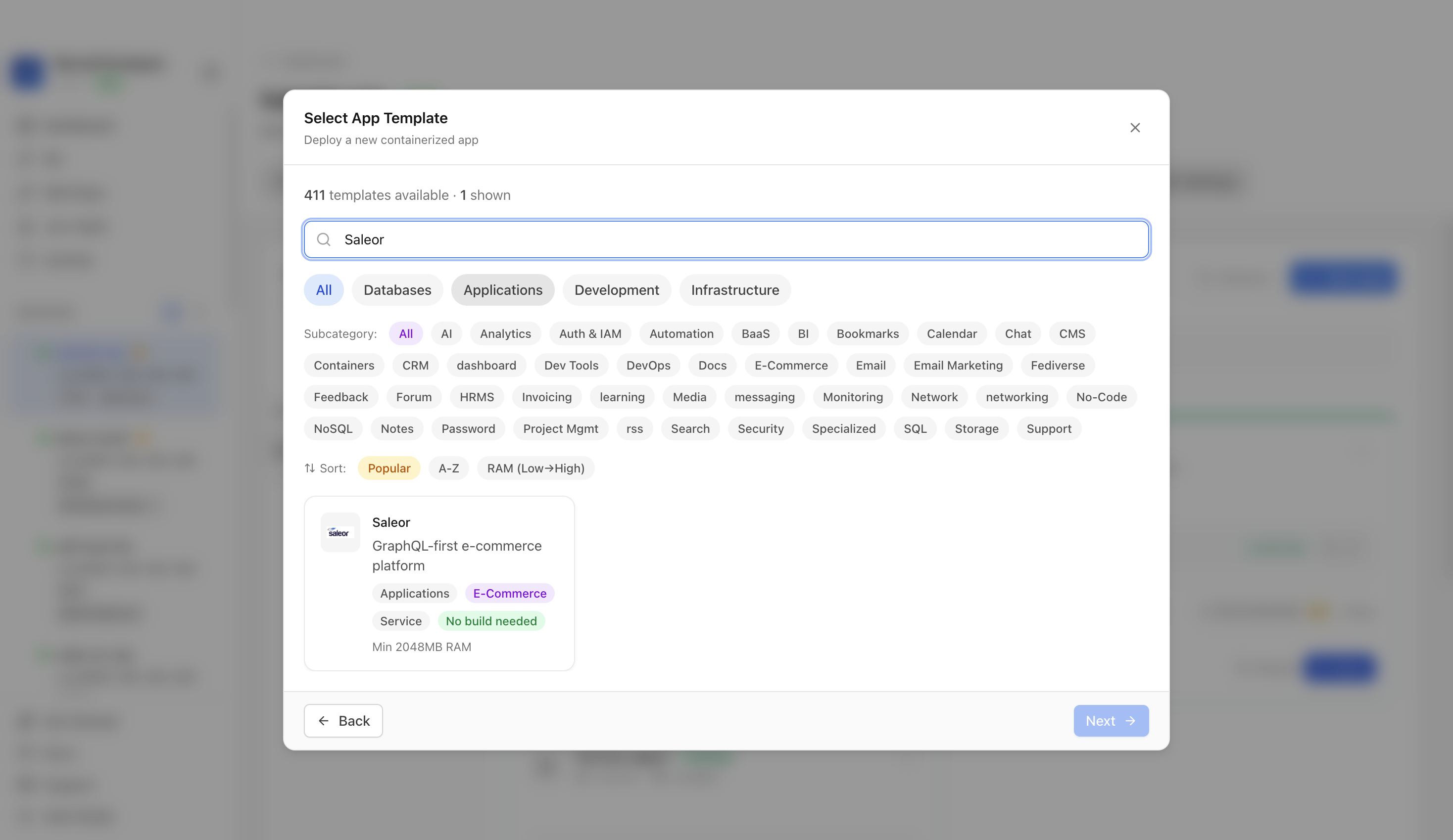 Searching for Saleor in the Server Compass template picker