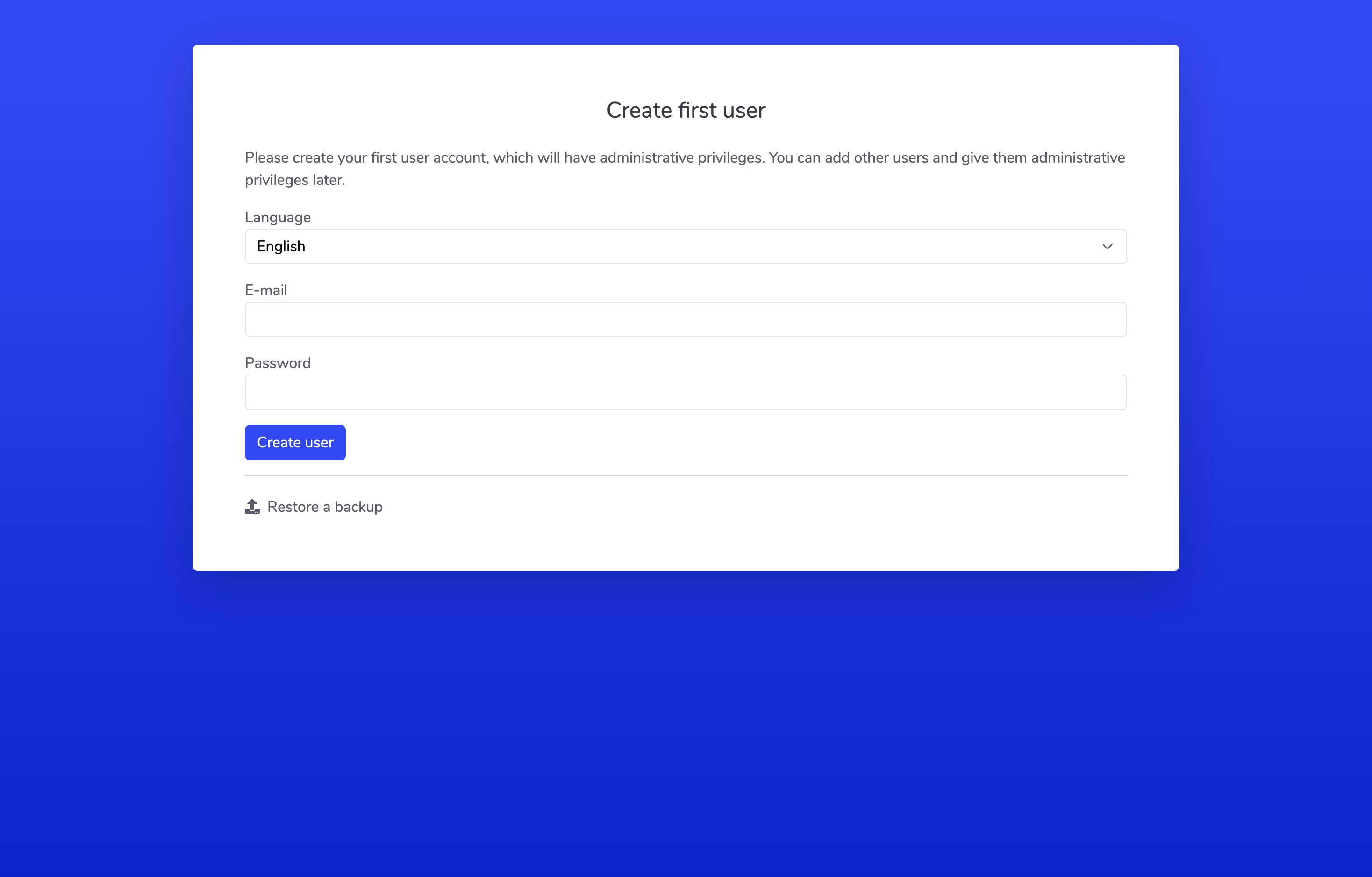 The deployed Saltcorn first-user setup page loaded in a browser