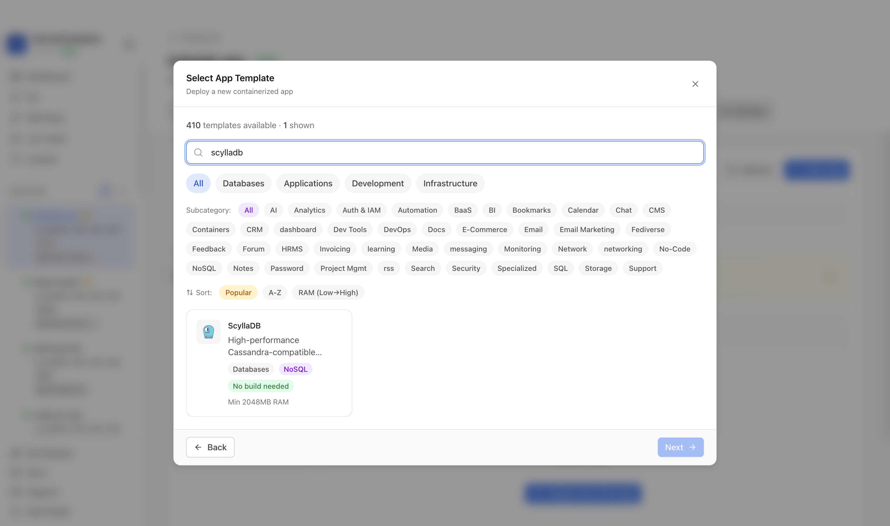 Searching for ScyllaDB in the Server Compass template picker
