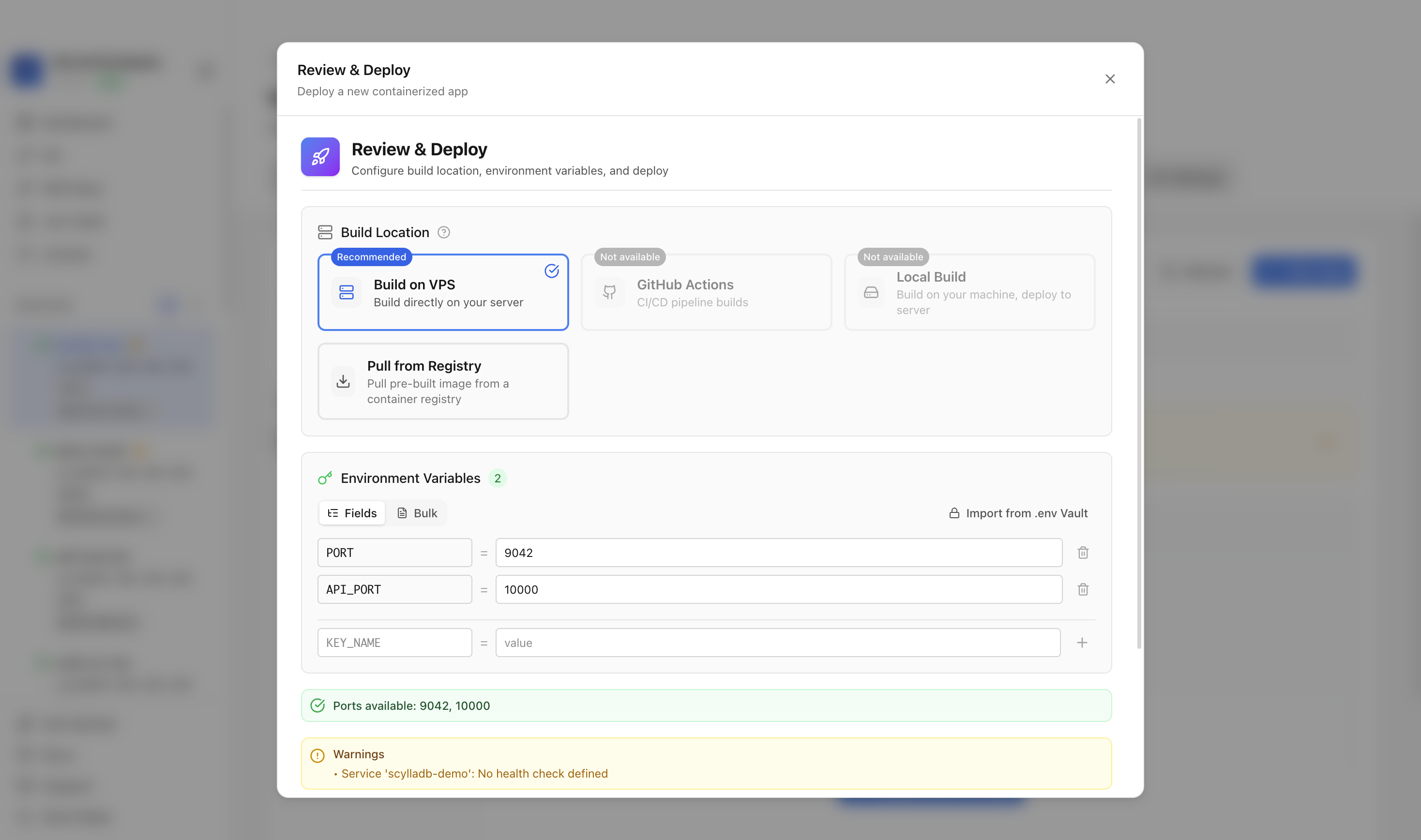 Reviewing ScyllaDB environment variables and port before deployment