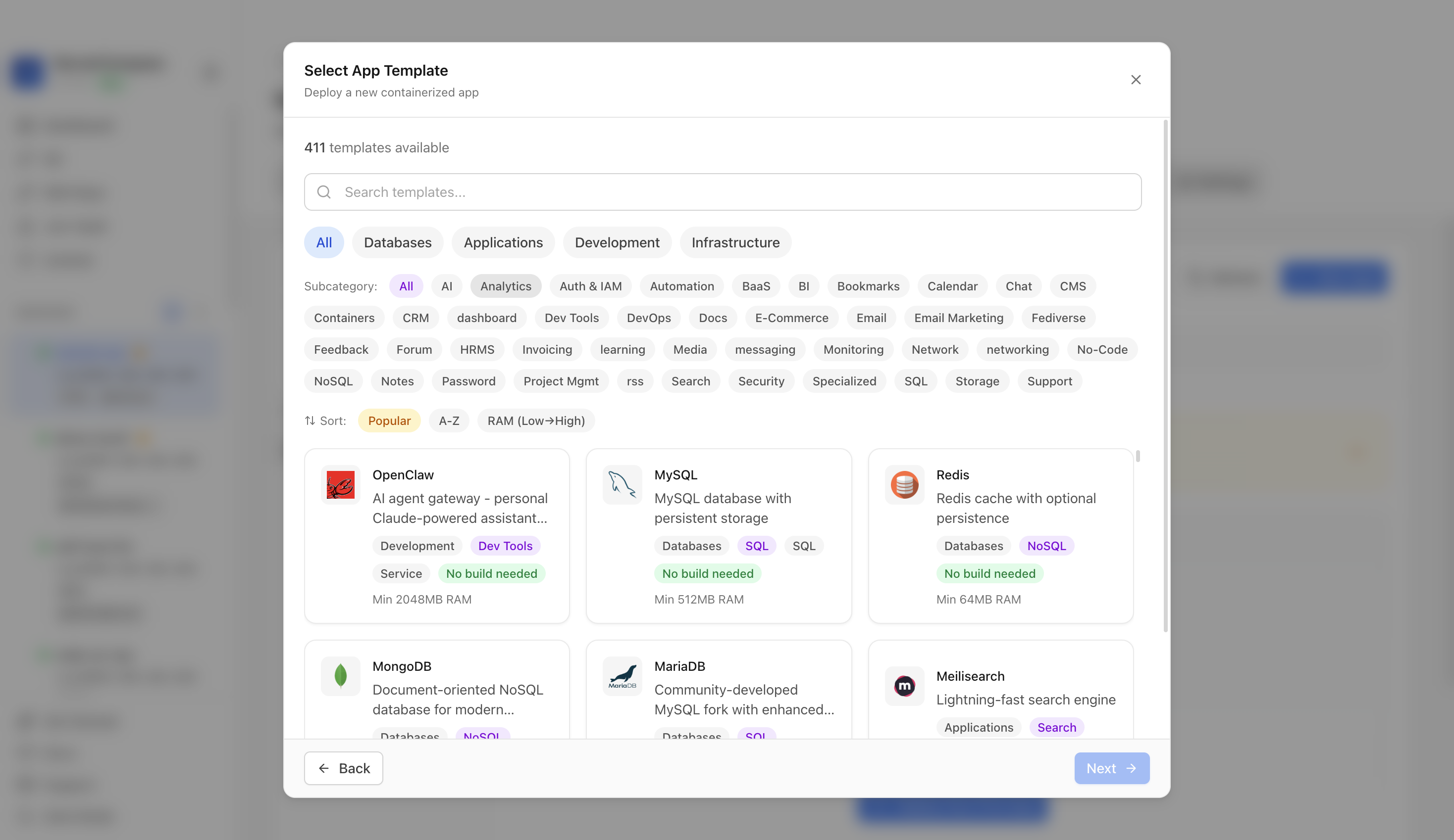 Choosing to deploy an app from a Server Compass template