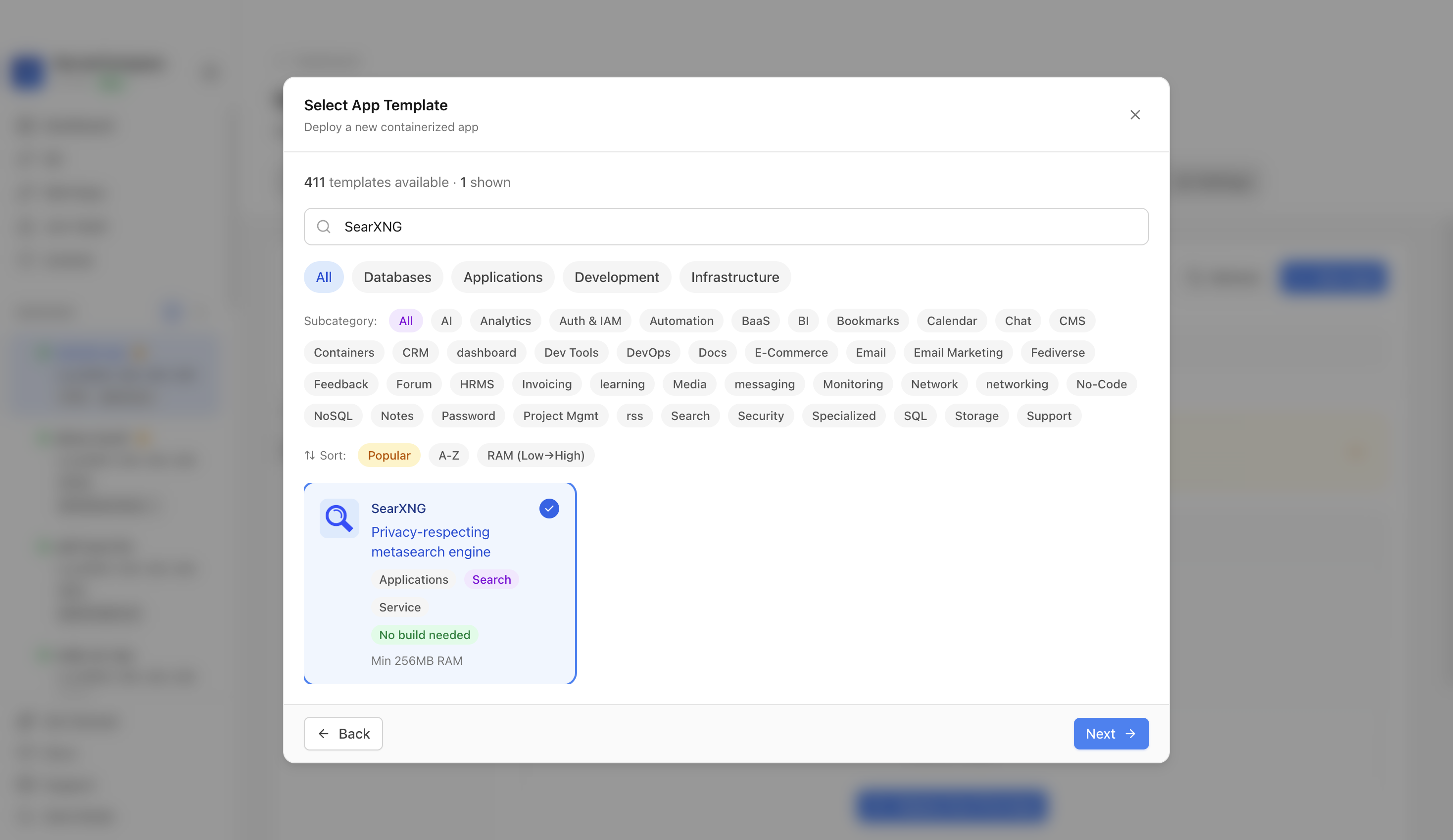 SearXNG template selected in Server Compass
