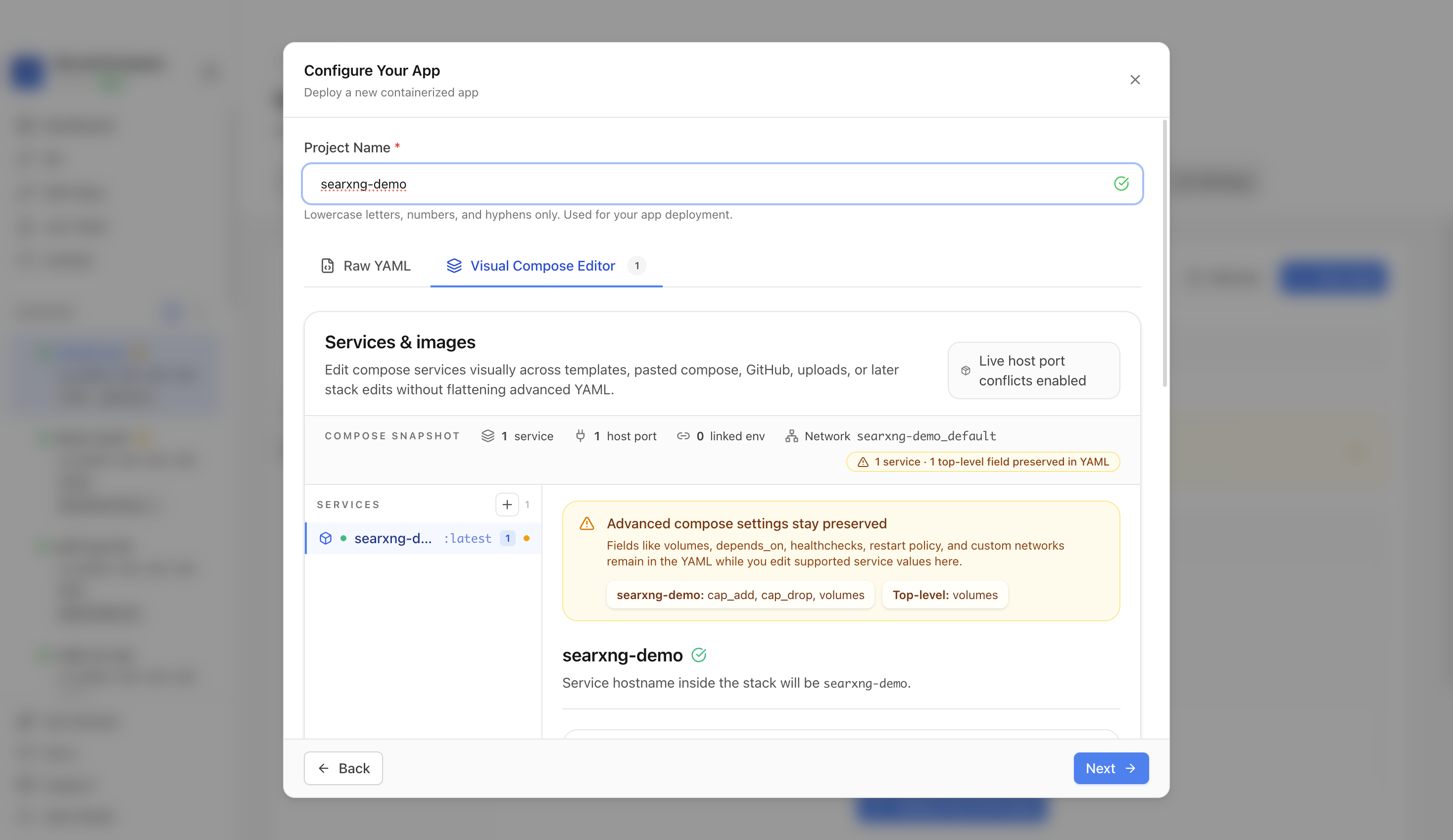 Reviewing SearXNG project settings and compose services