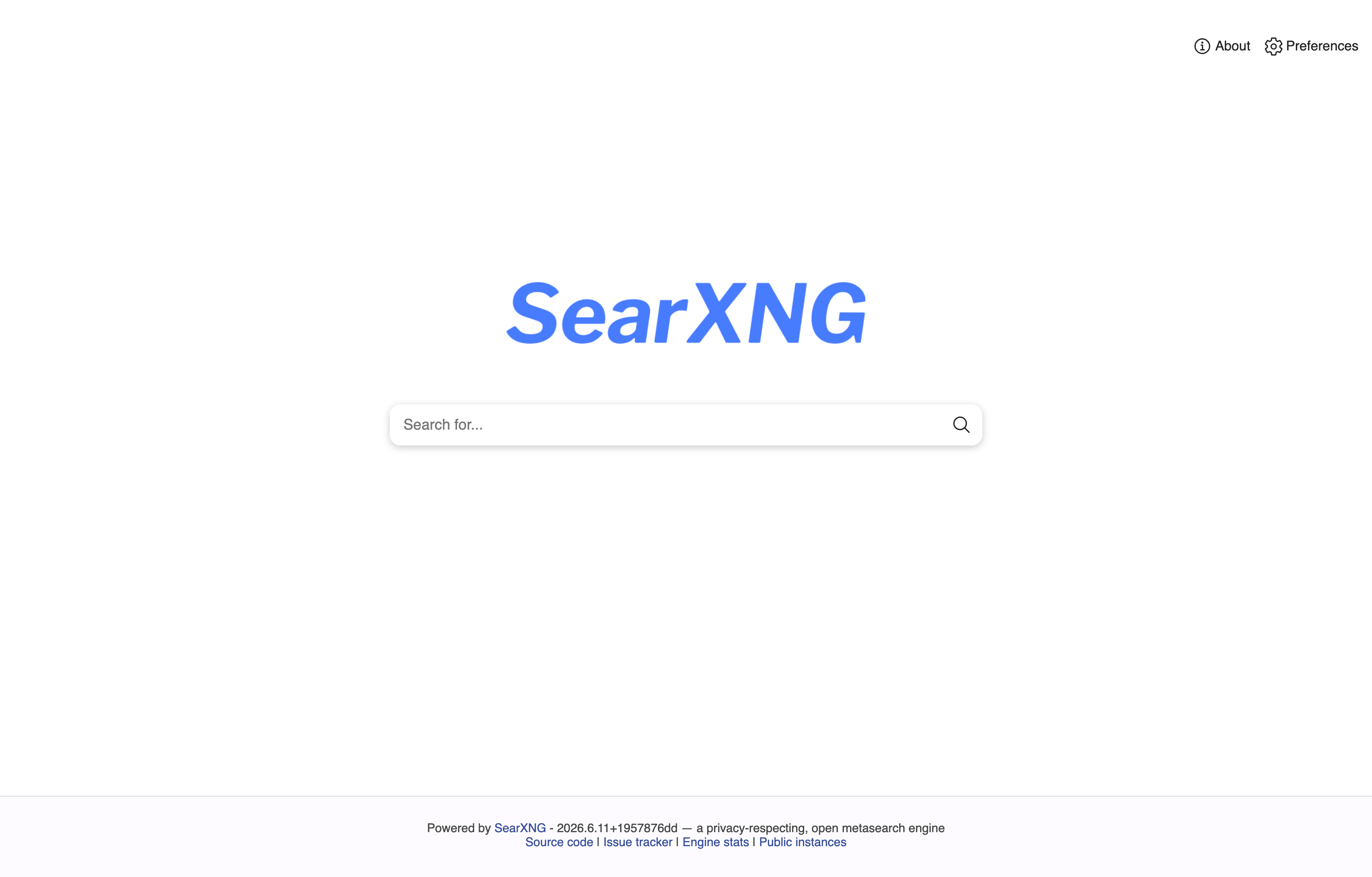 The deployed SearXNG web UI loaded in a browser