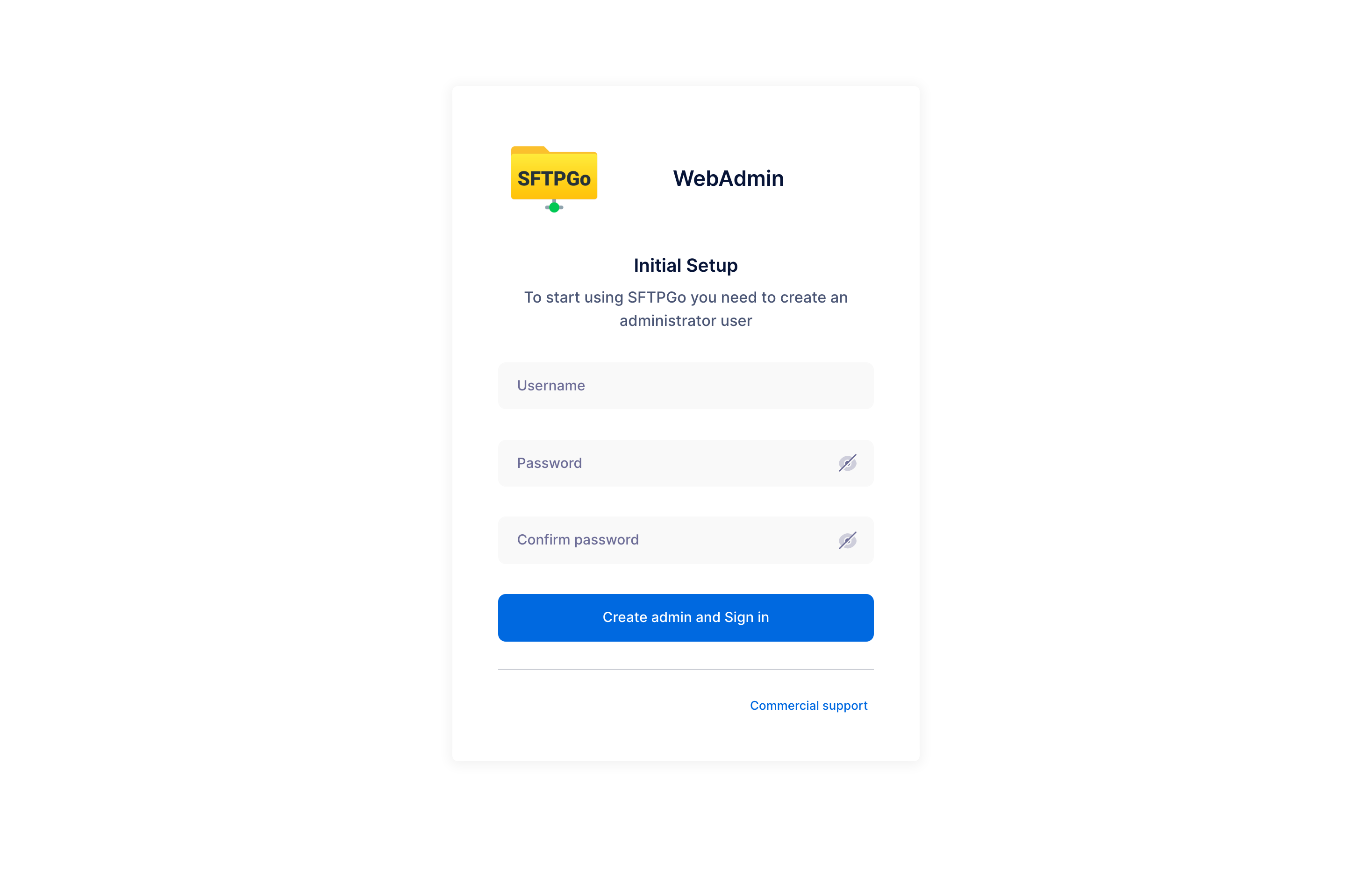 The deployed SFTPGo web admin UI loaded in a browser