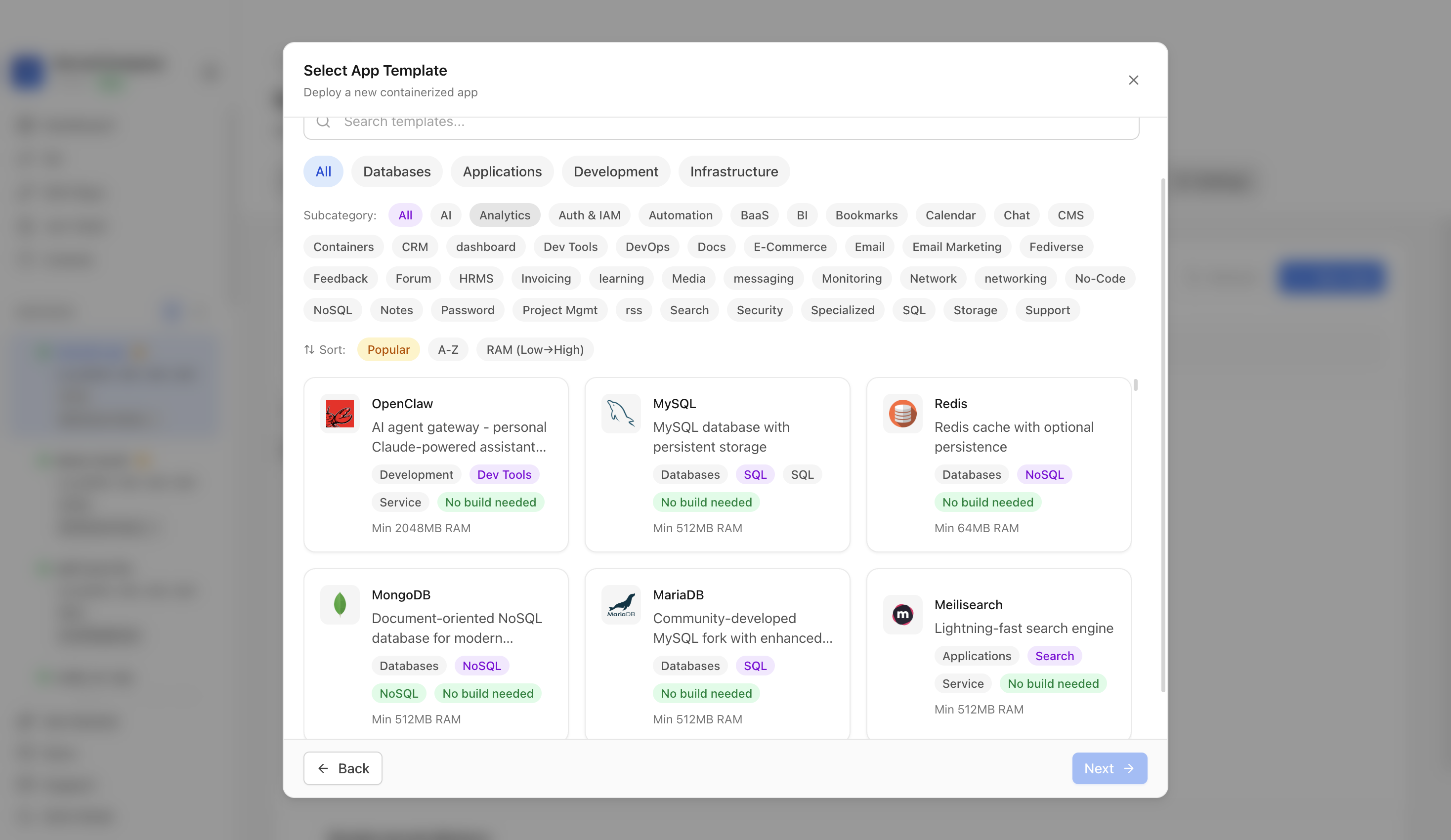 Choosing to deploy an app from a Server Compass template