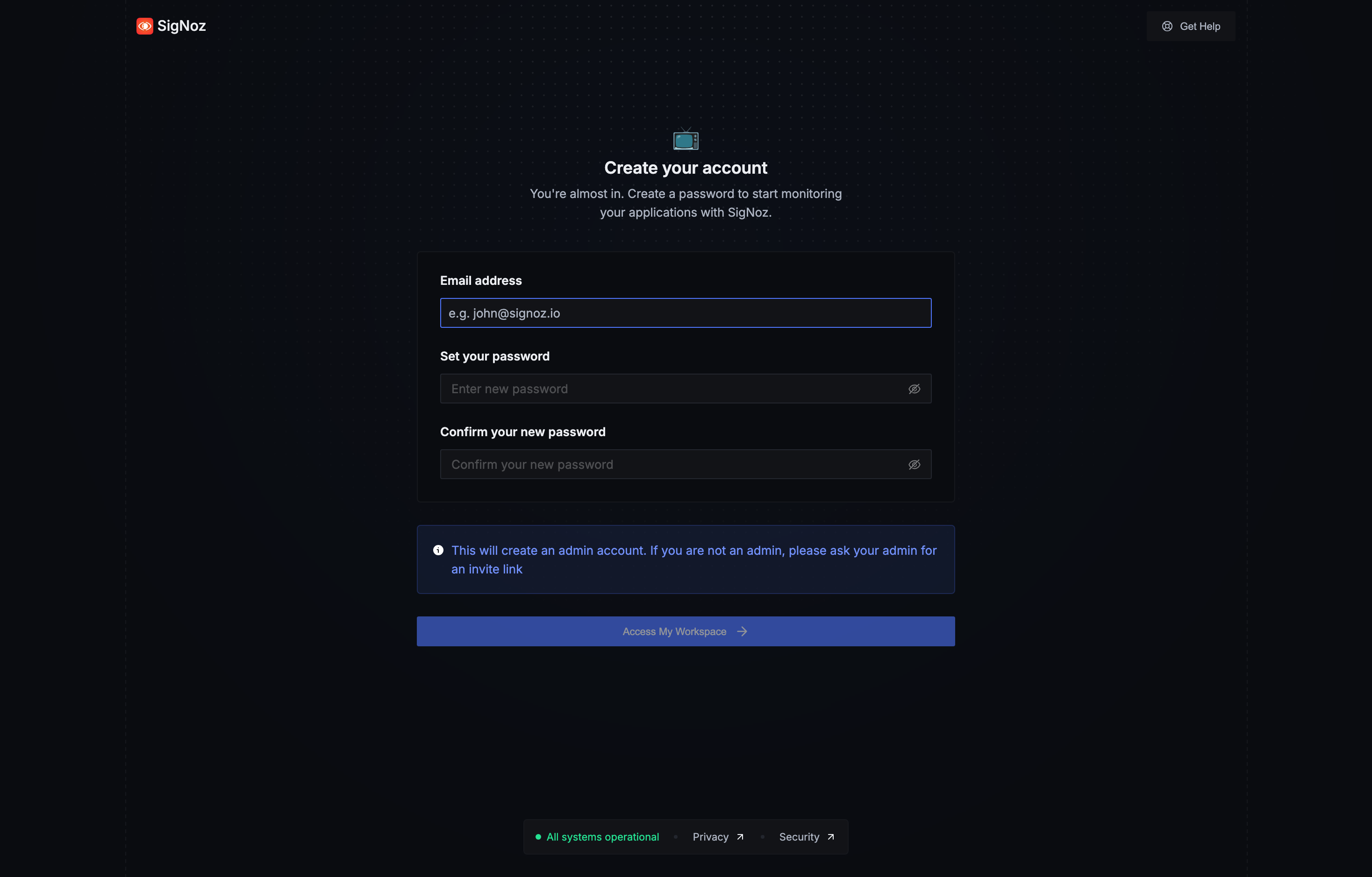 The deployed SigNoz dashboard loaded in a browser