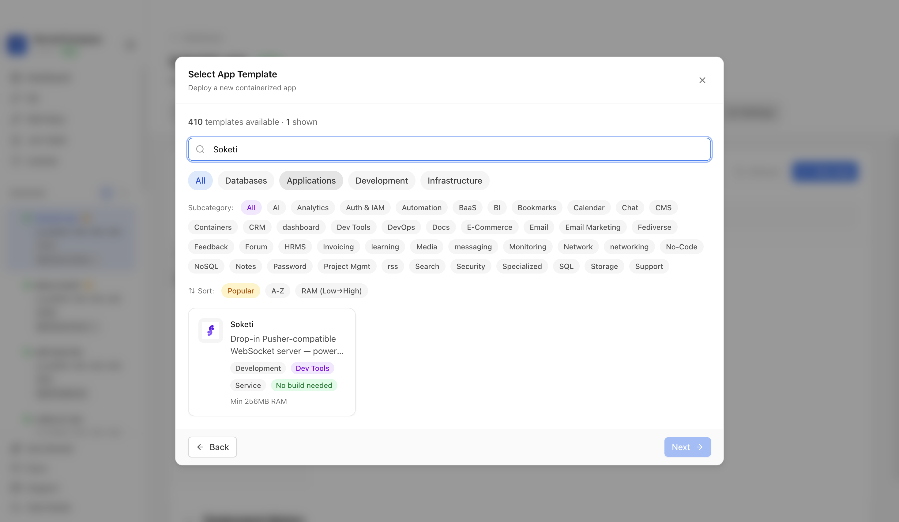 Searching for Soketi in the Server Compass template picker