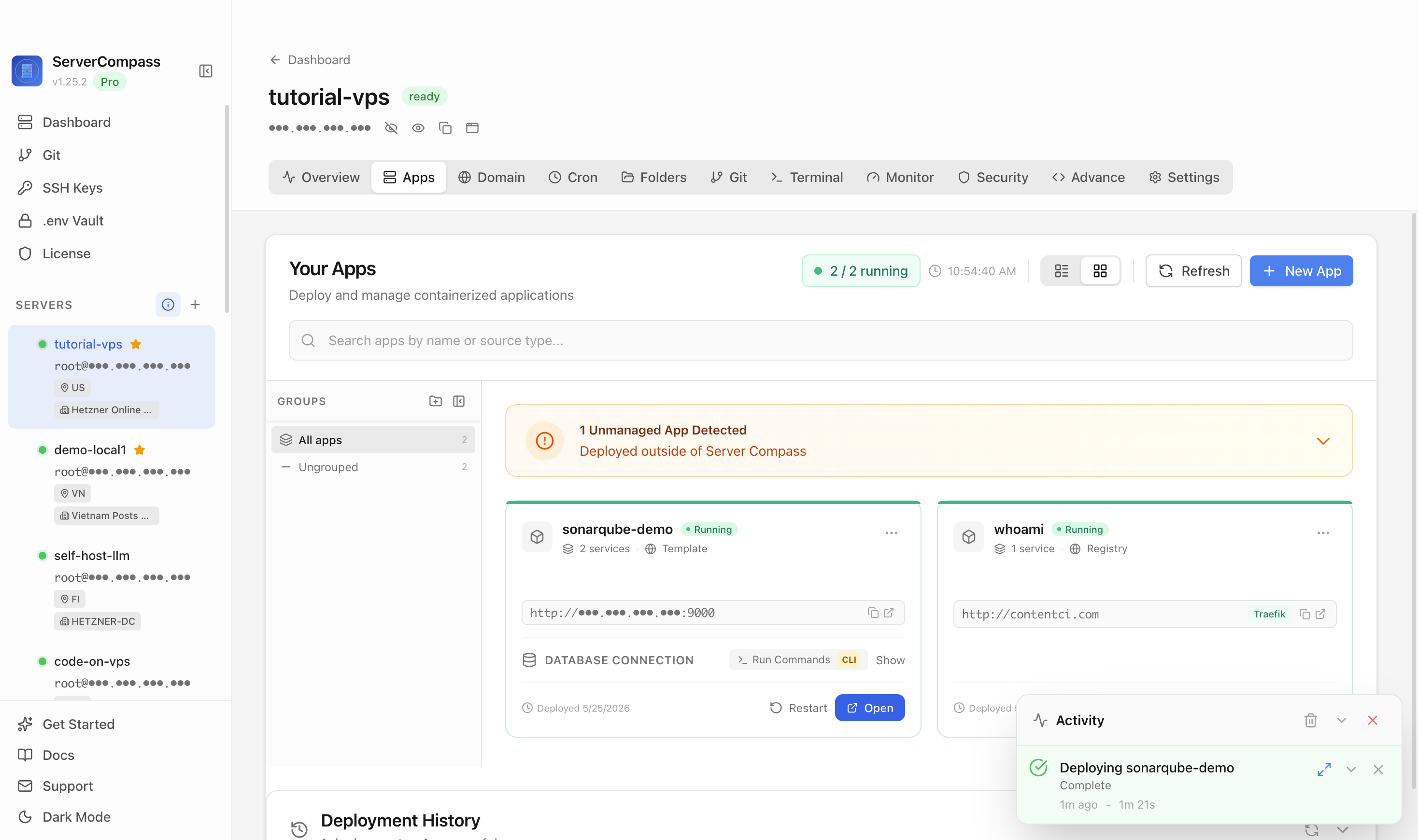 SonarQube template running in the Server Compass Apps tab