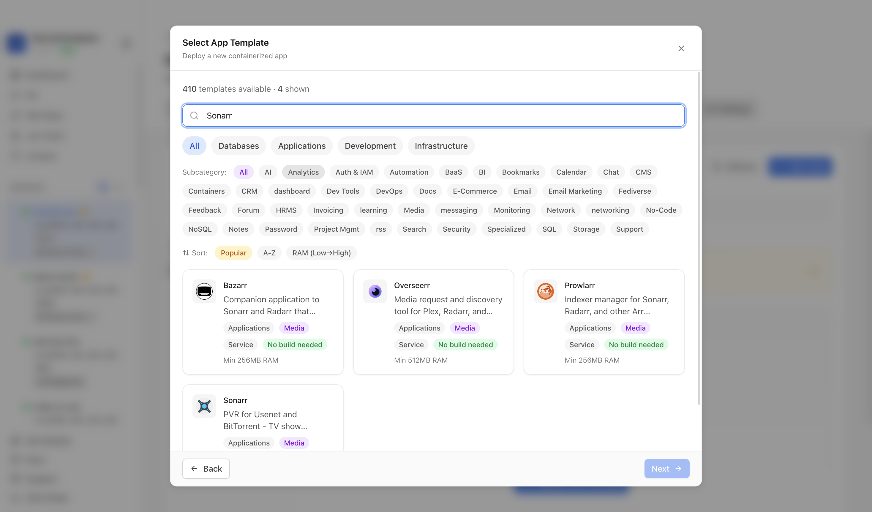 Searching for Sonarr in the Server Compass template picker