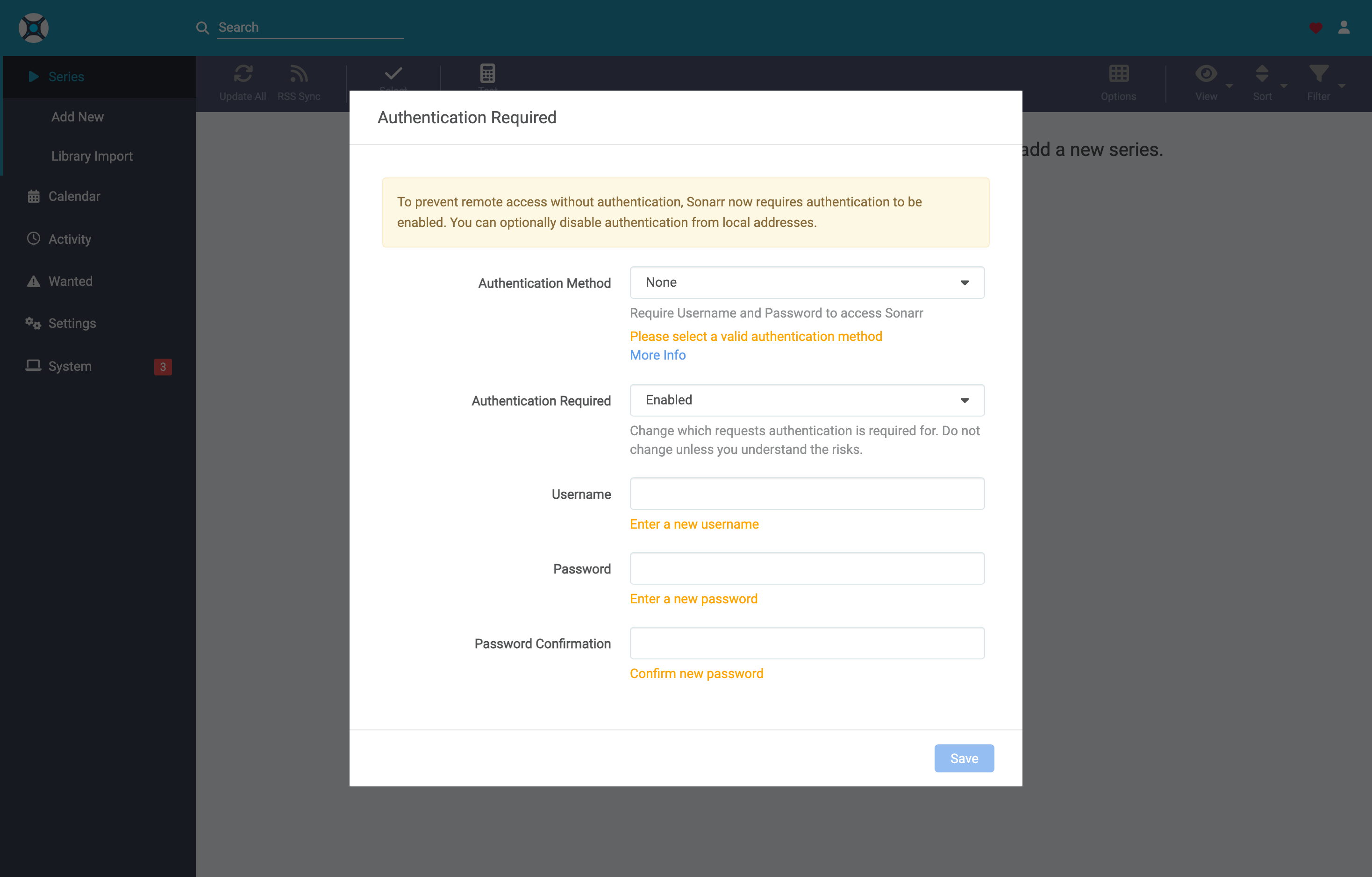 The deployed Sonarr web UI loaded in a browser