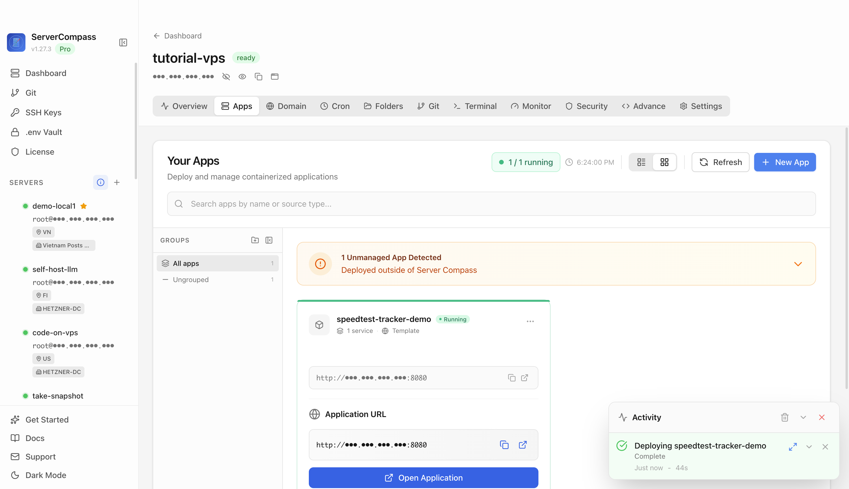 Speedtest Tracker template running in the Server Compass Apps tab