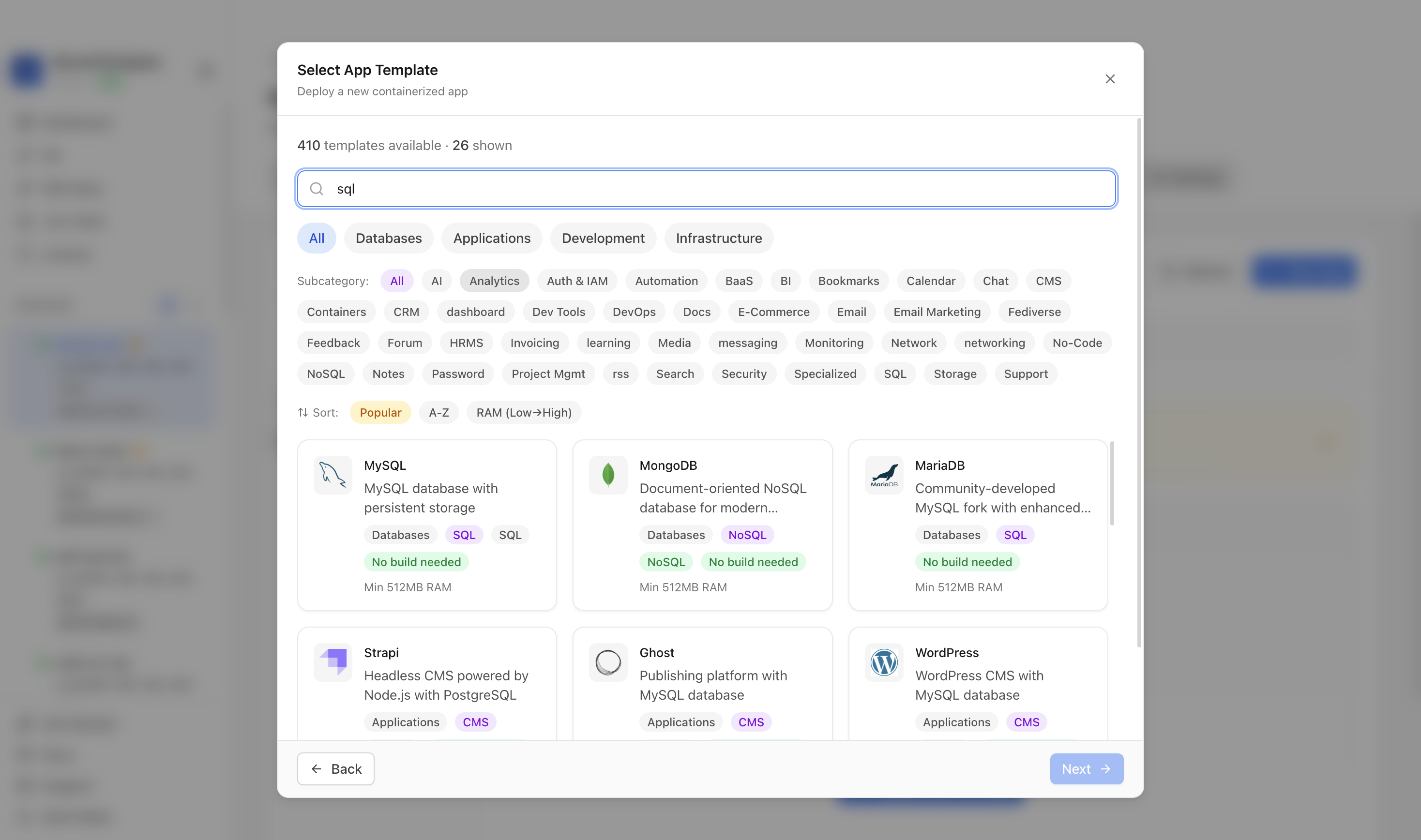 Searching for SQL Server in the Server Compass template picker