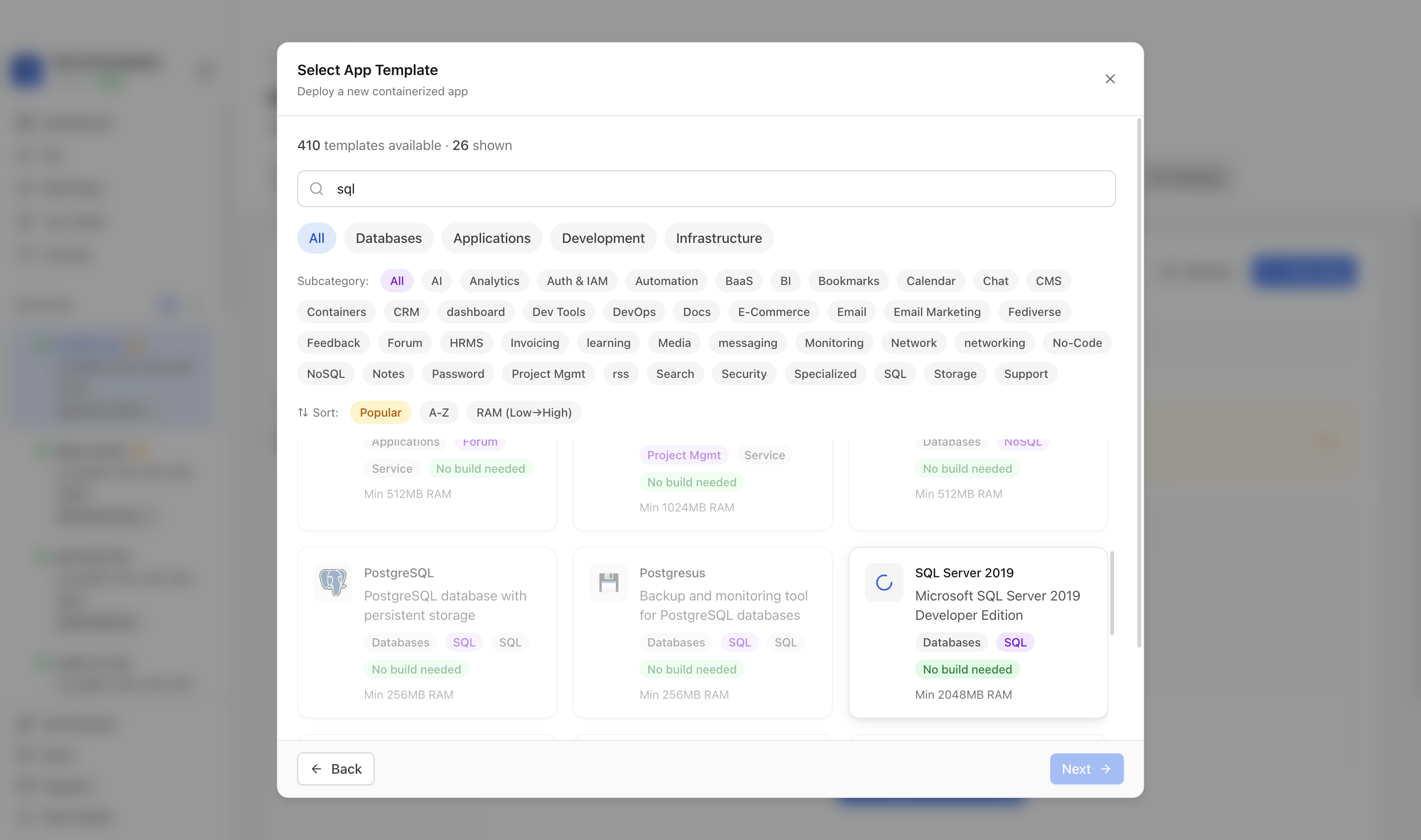 SQL Server template selected in Server Compass