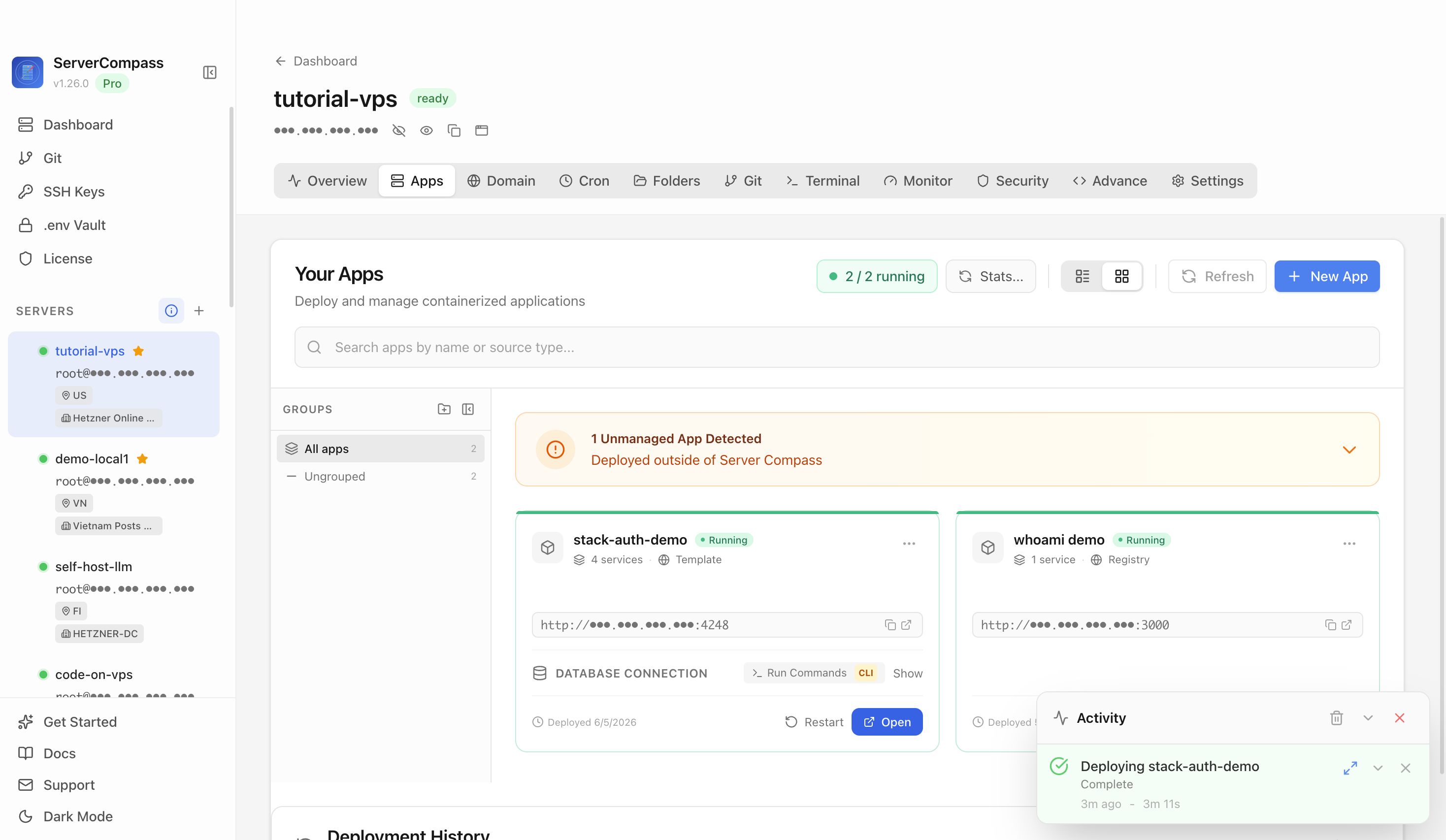 Stack Auth template running in the Server Compass Apps tab