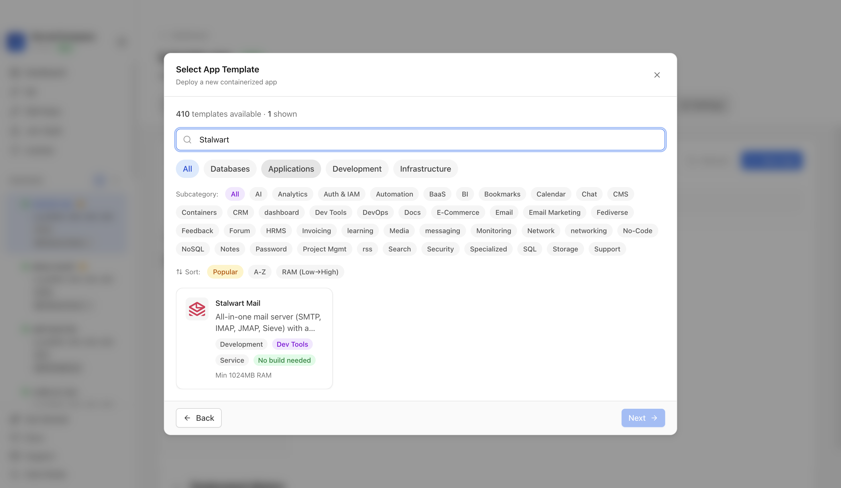 Searching for Stalwart Mail in the Server Compass template picker