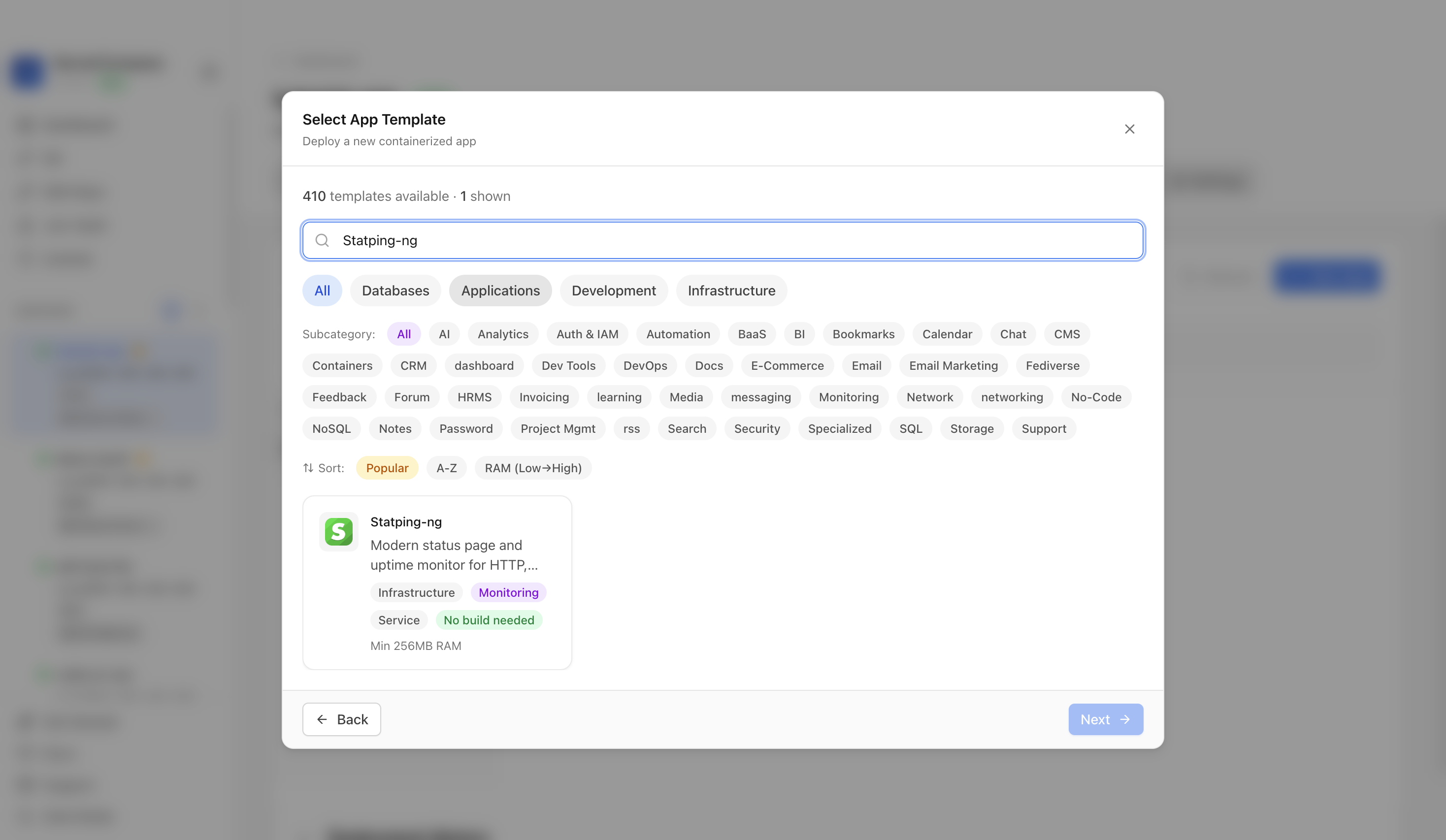 Searching for Statping-ng in the Server Compass template picker