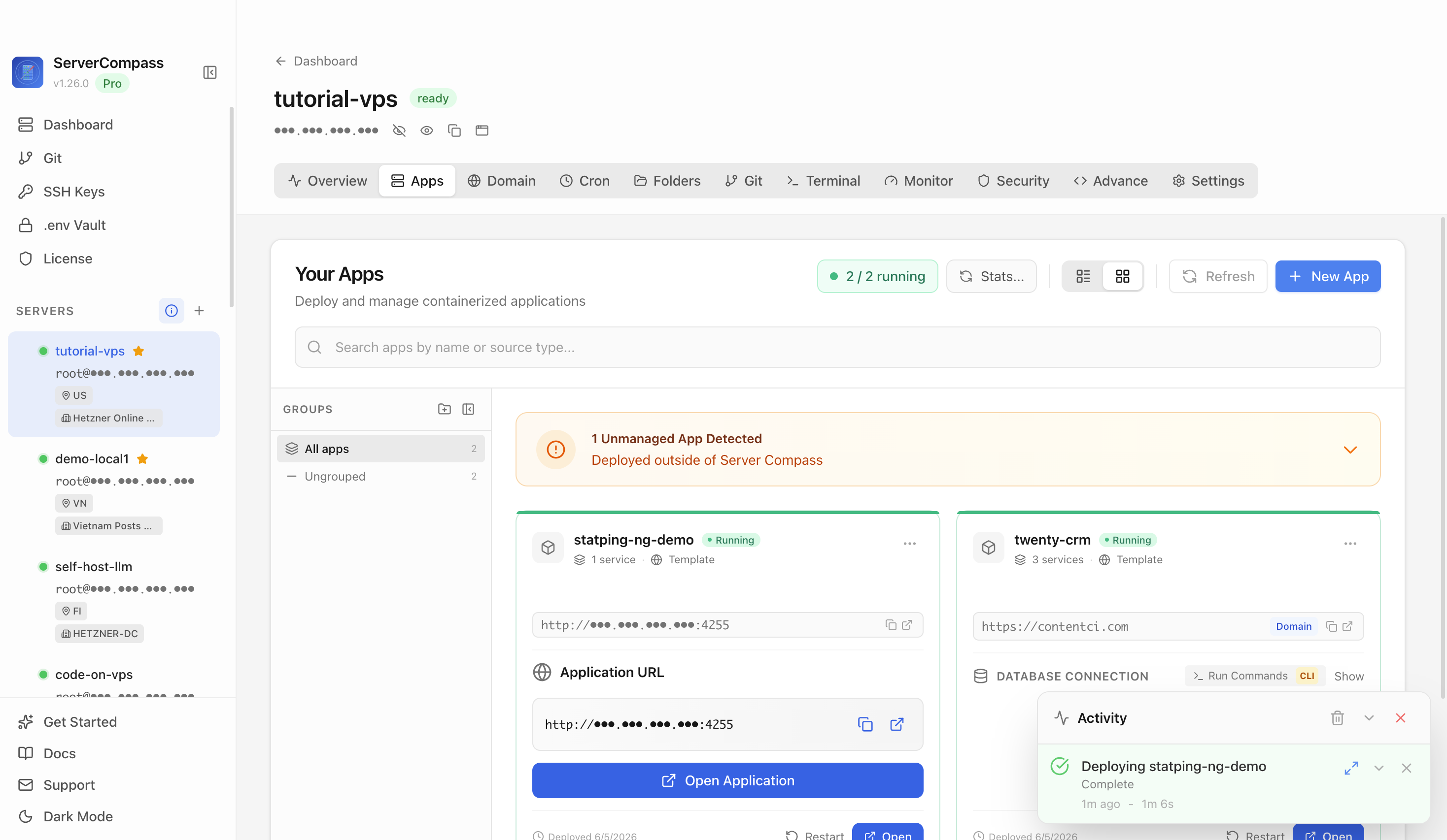 Statping-ng template running in the Server Compass Apps tab